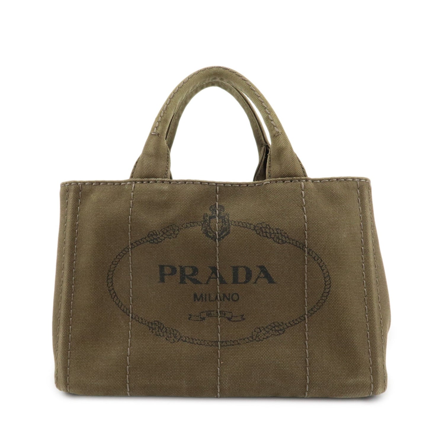 PRADA Logo Canapa Mini Canvas Tote Bag Hand Bag Khaki BN2439