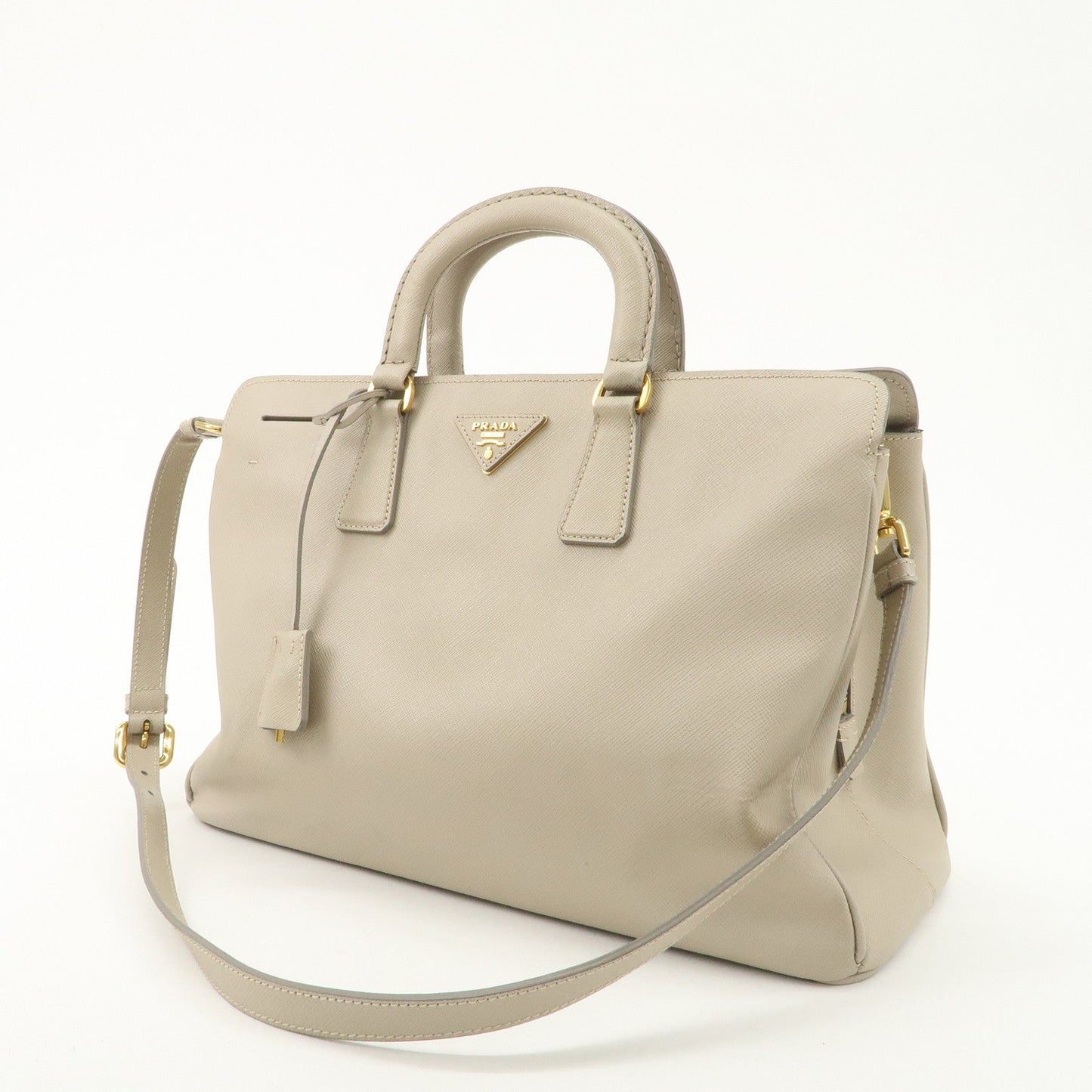 PRADA Triangle Logo Leather 2Way Bag Hand Bag Beige Gold Hardware