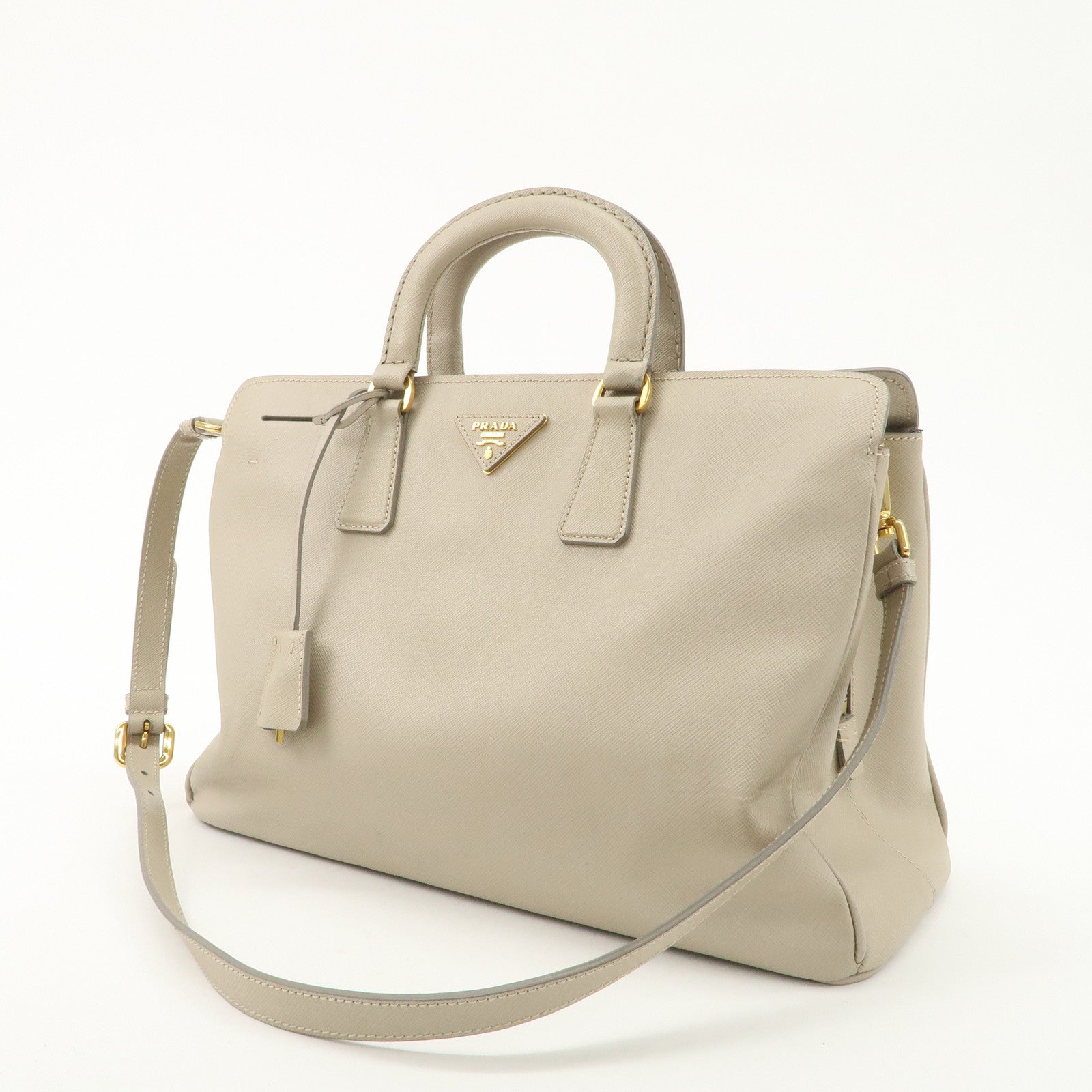 PRADA Triangle Logo Leather 2Way Bag Hand Bag Beige Gold Hardware
