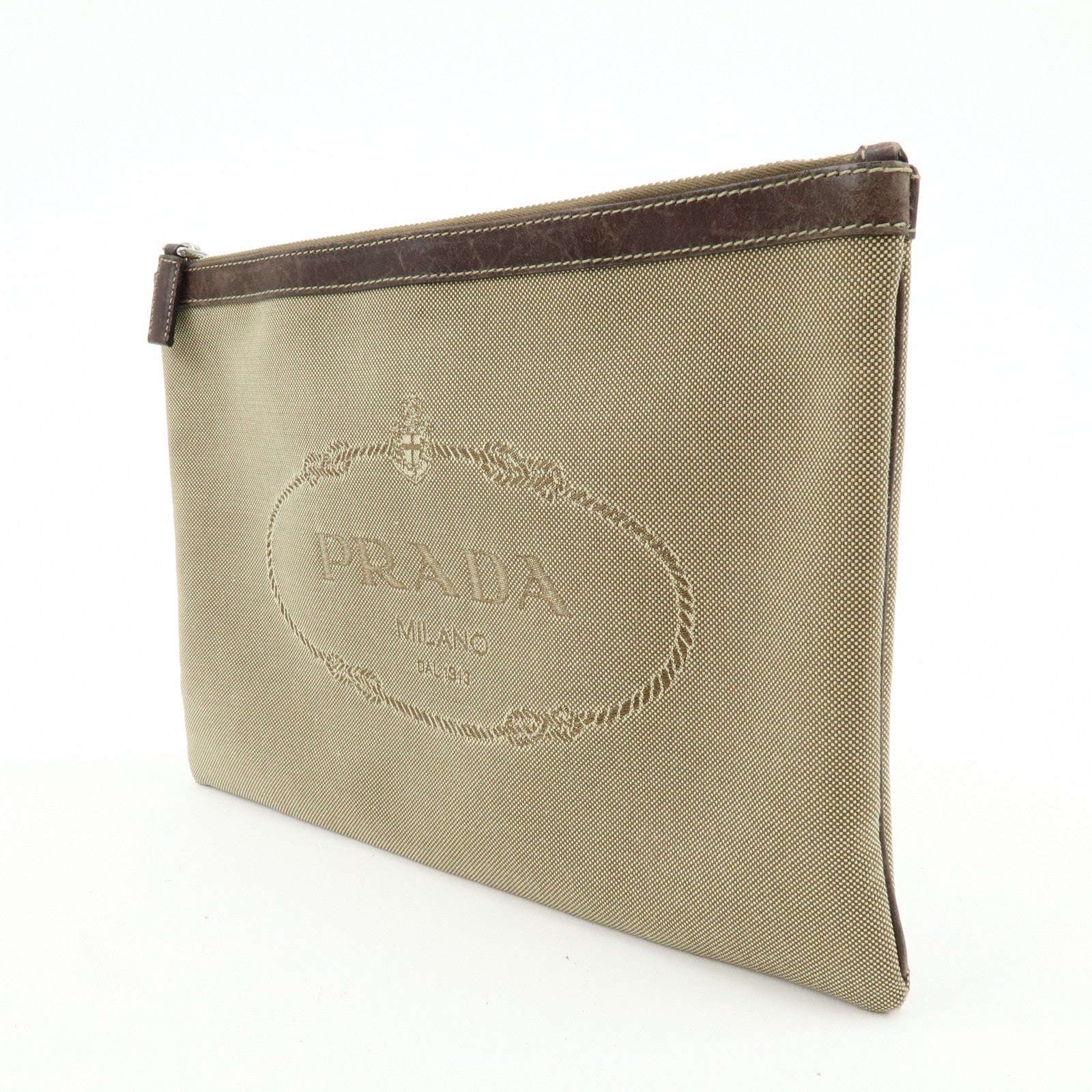 PRADA Logo Jacquard Canvas Leather Clutch Bag Pouch Khaki