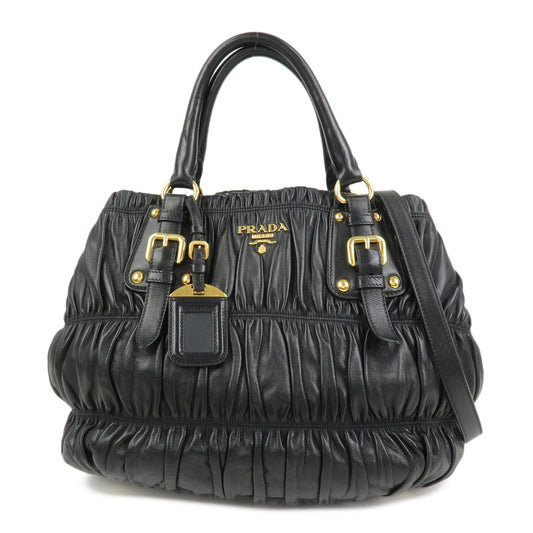 PRADA Leather Gathered 2Way Shoulder Bag Hand Bag Black BN1789