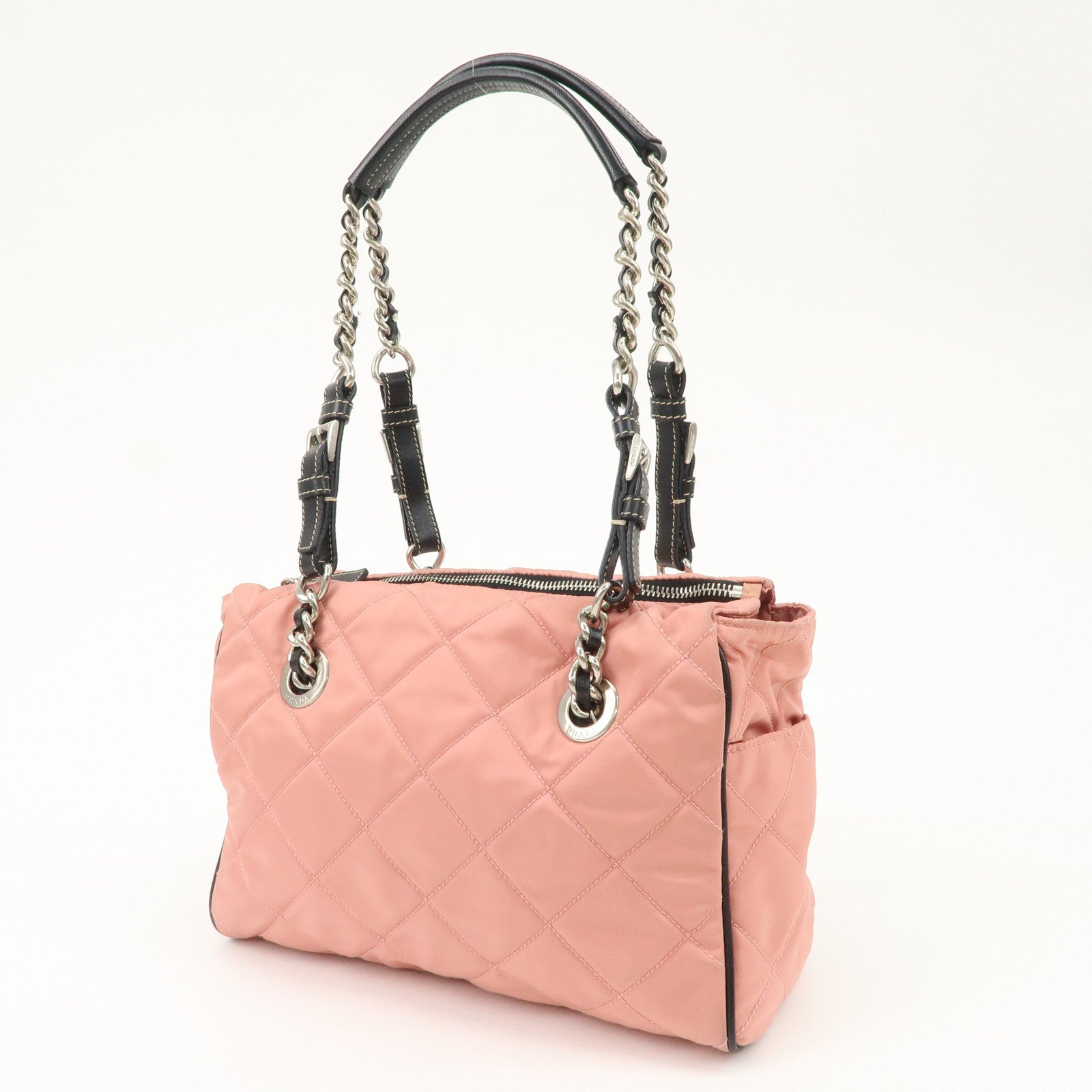 PRADA Triangle Logo Leather Nylon Shoulder Bag Tote Bag Pink BR2236