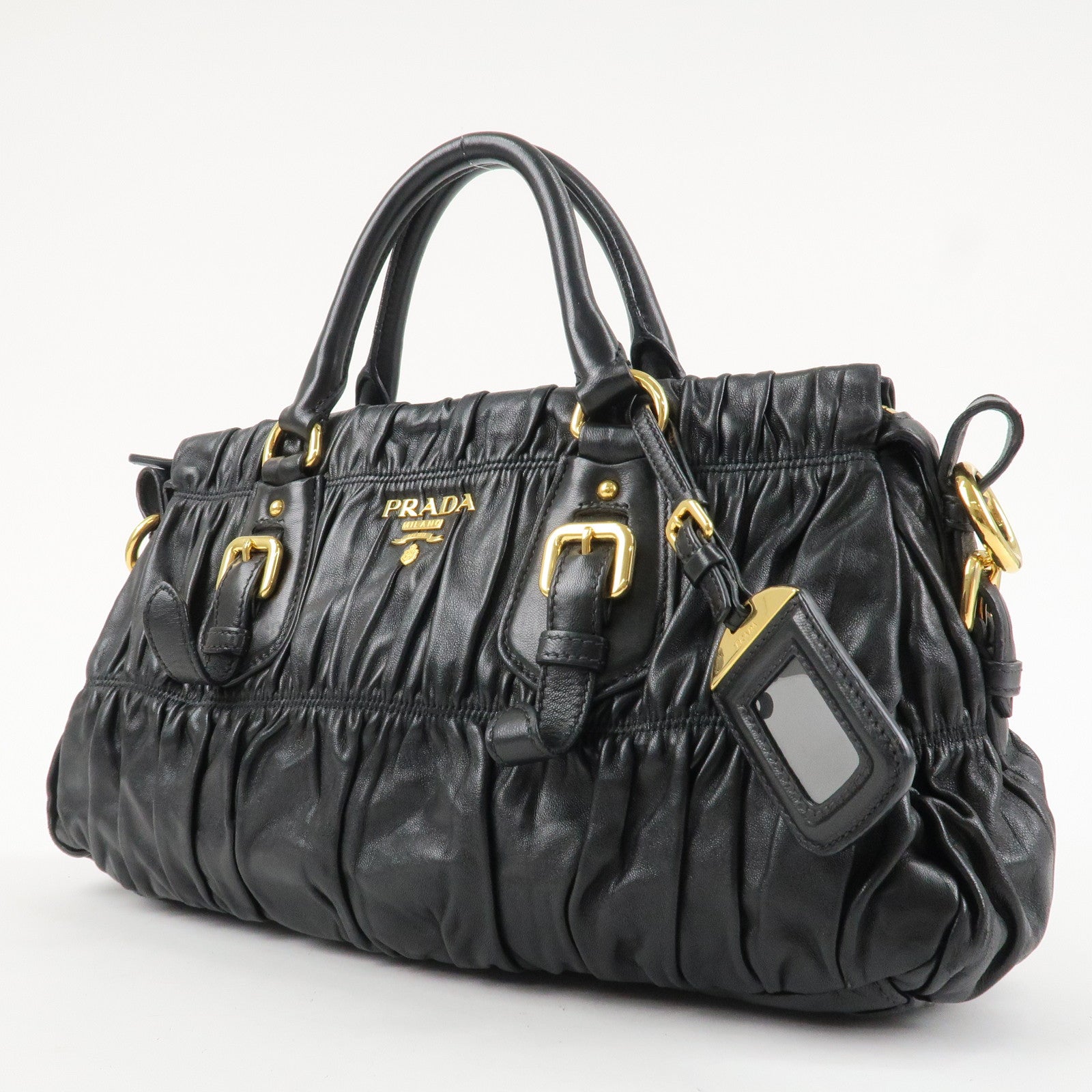 PRADA Logo Leather 2WAY Tote Bag Hand Bag Black Gold HDW B11091