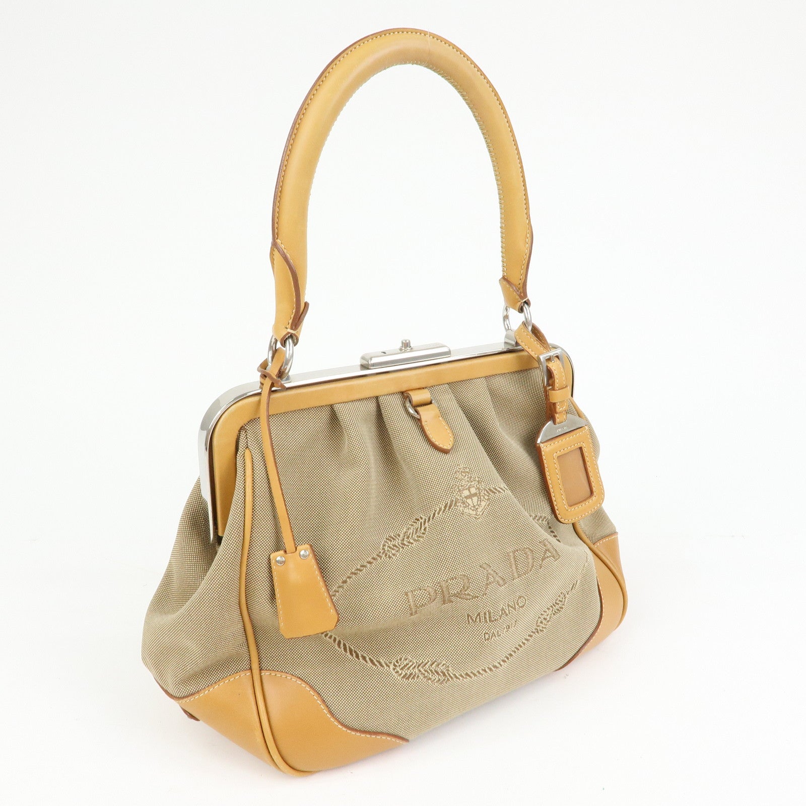 PRADA Logo Jacquard Leather Shoulder Bag Light Brown BR3481