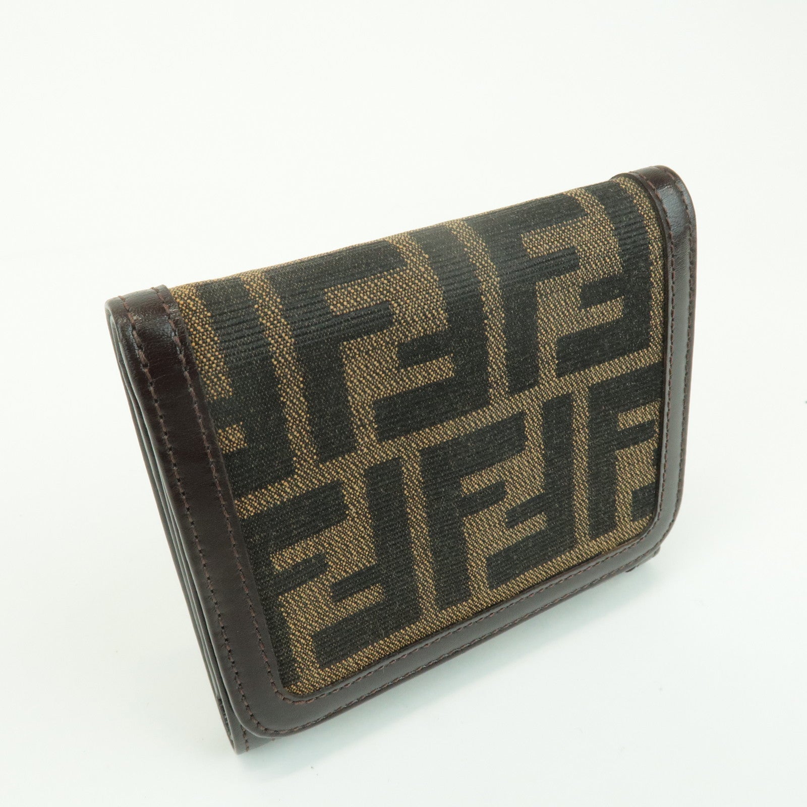 FENDI Zucca Leather Canvas Tri-fold Wallet Black Brown 30794
