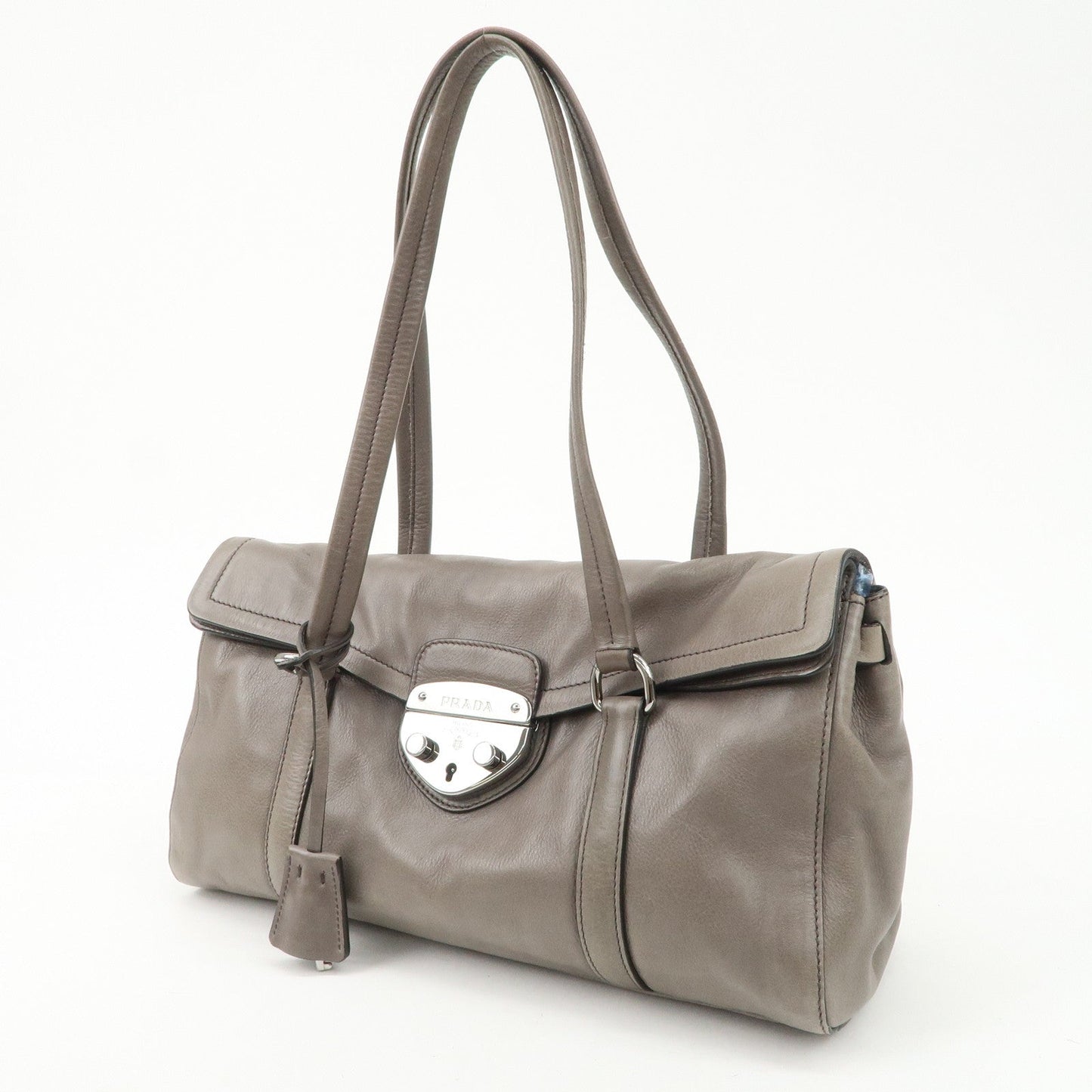 PRADA Triangle Logo Leather Shoulder Bag Gray BR3274