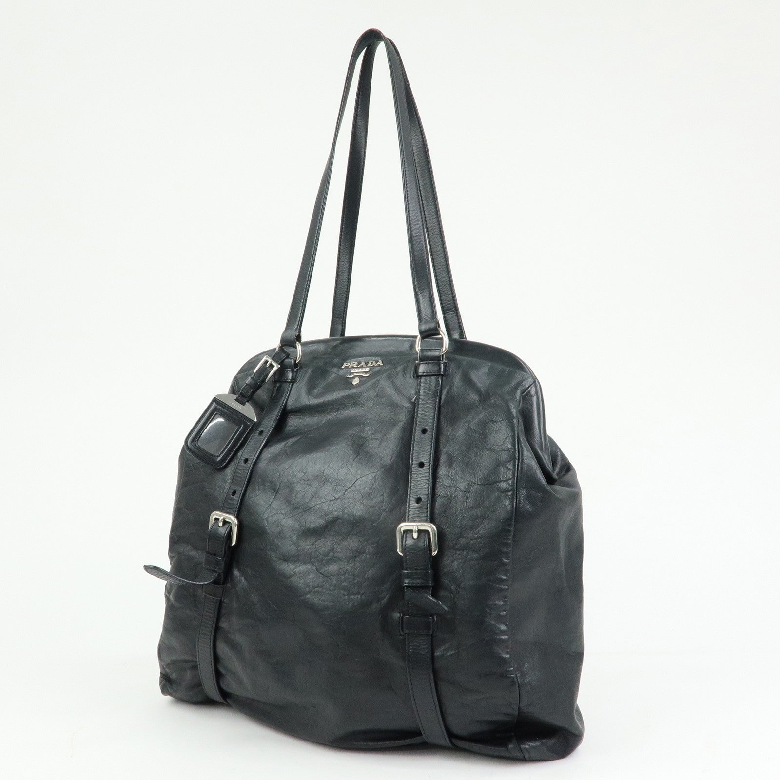 PRADA Logo Leather Shoulder Bag Tote Bag Black Silver