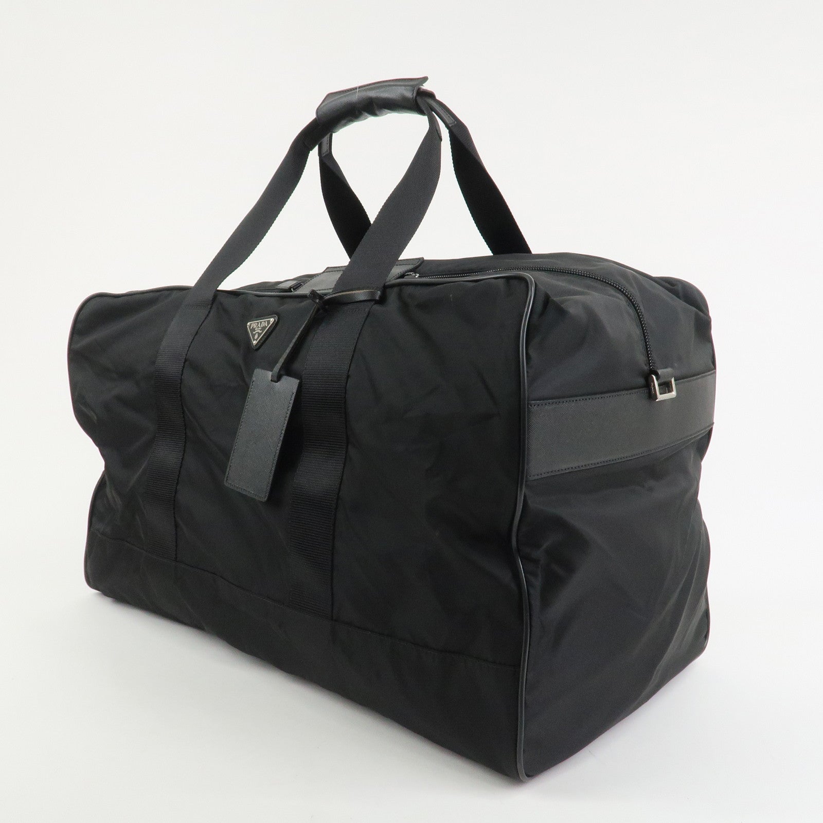 PRADA Triangle Logo Nylon Saffiano Leather Boston Bag Hand Bag