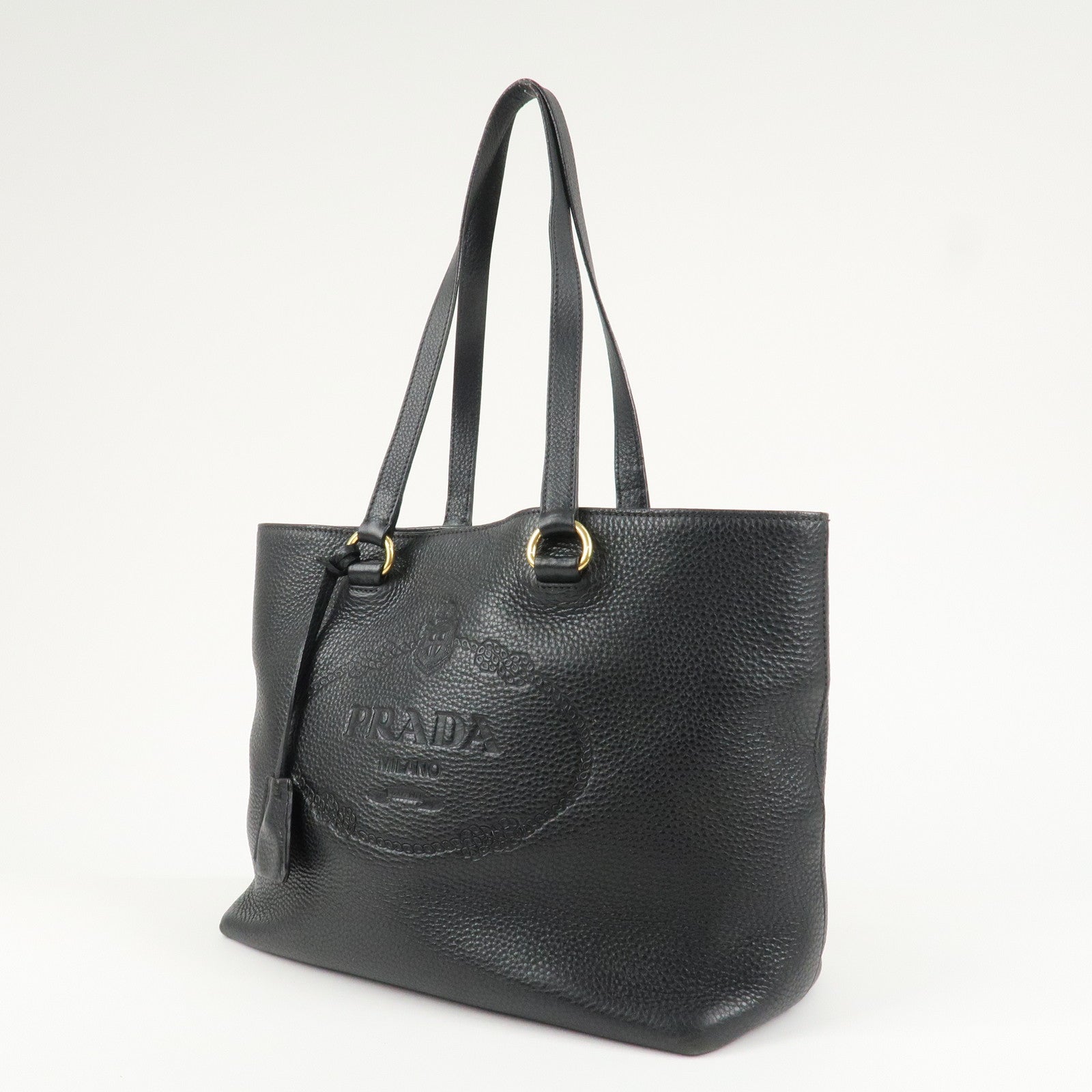 PRADA Logo Leather Tote Bag Shoulder Bag Black 1BG100