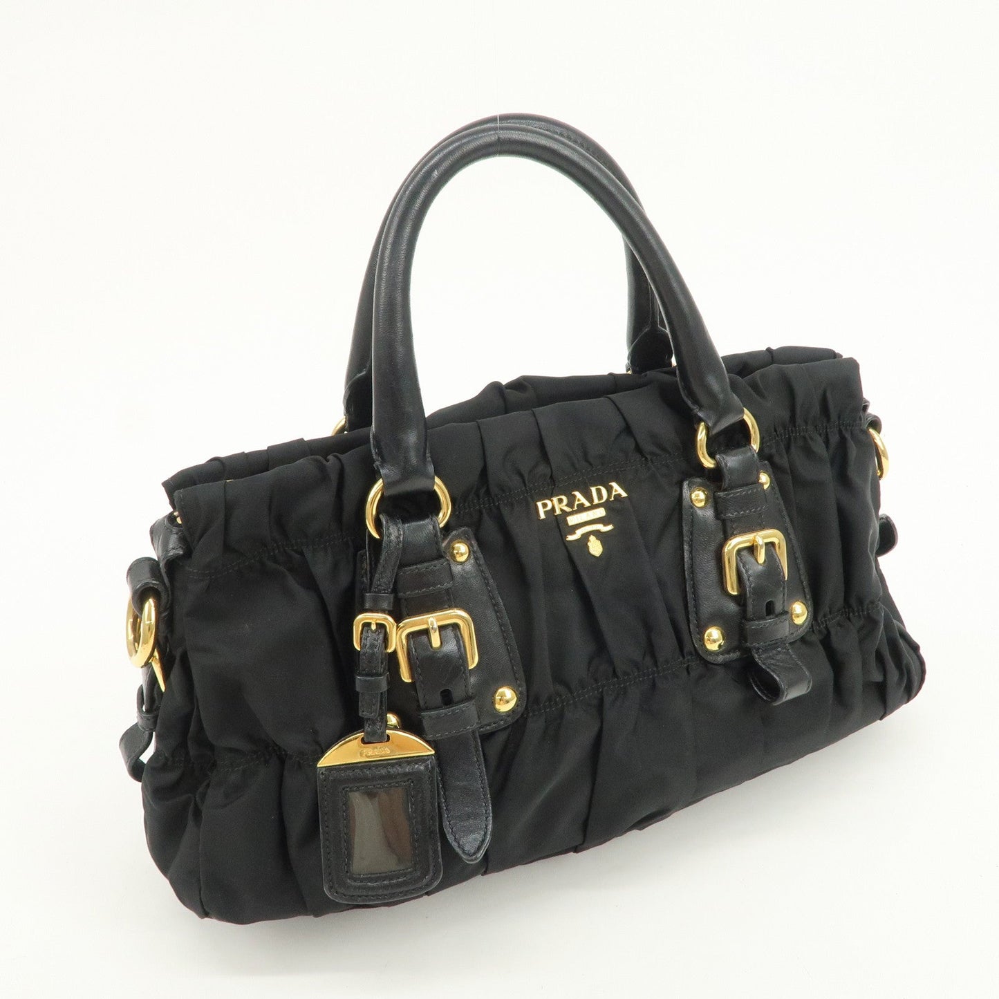 PRADA Nylon Leather Gathered 2Way Hand Shoulder Bag Black BN1407