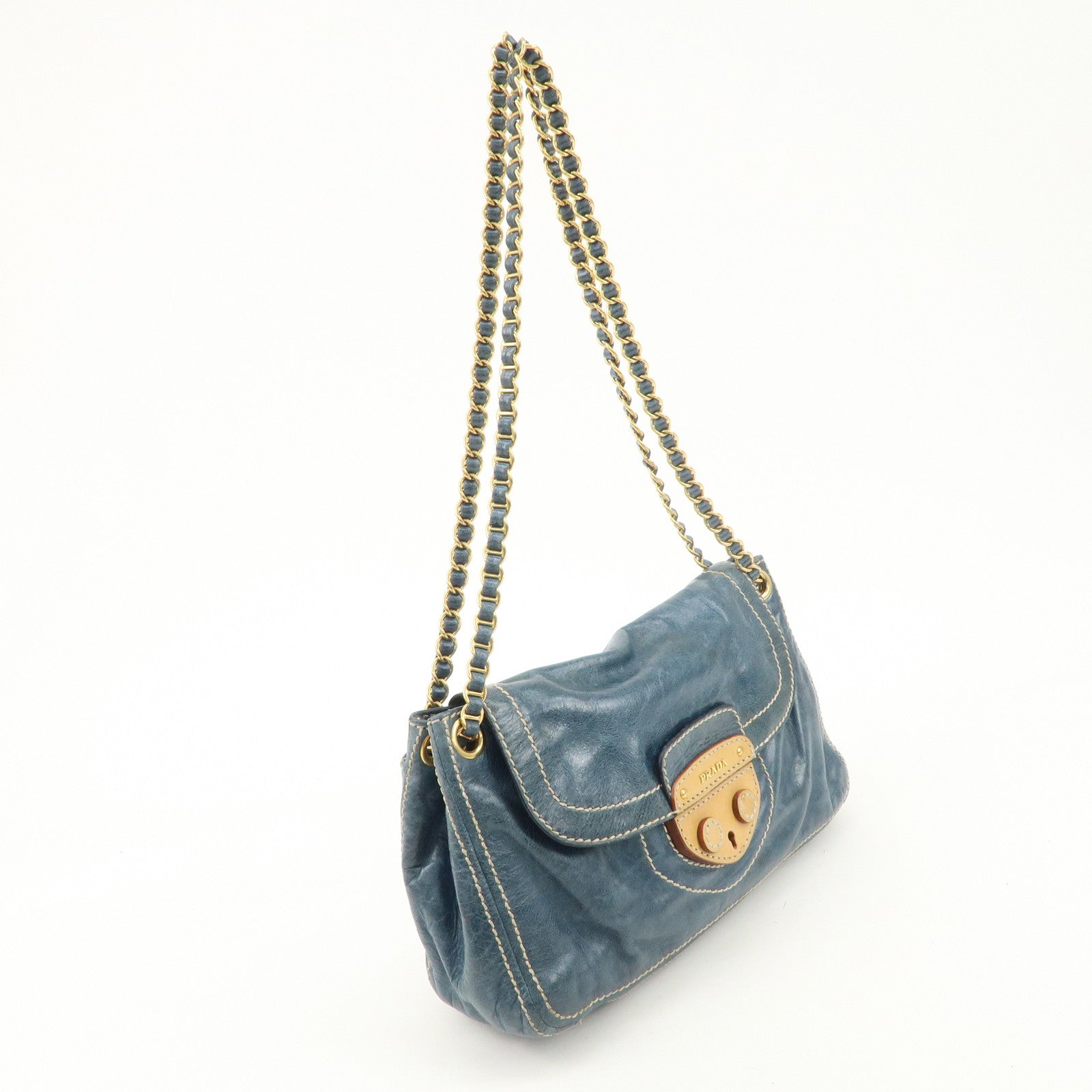 PRADA Leather Chain Shoulder Bag Blue Gold Hardware BR4659