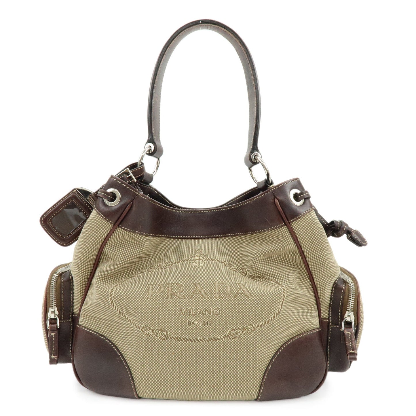 PRADA Logo Jacquard Canvas Embossed Leather Shoulder Bag BR3433