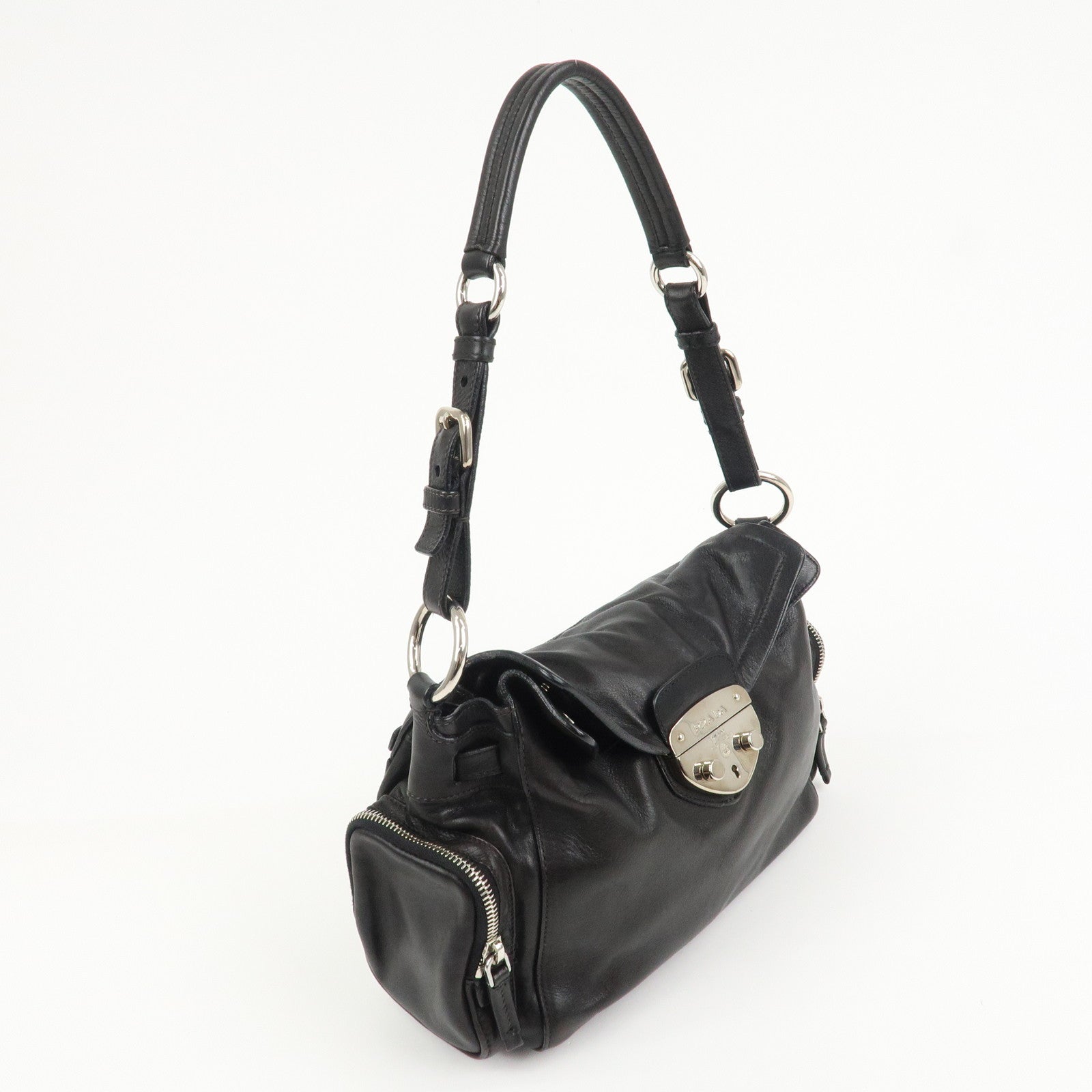 PRADA Triangle Logo Leather Calf Skin Shoulder Bag Black BR3307