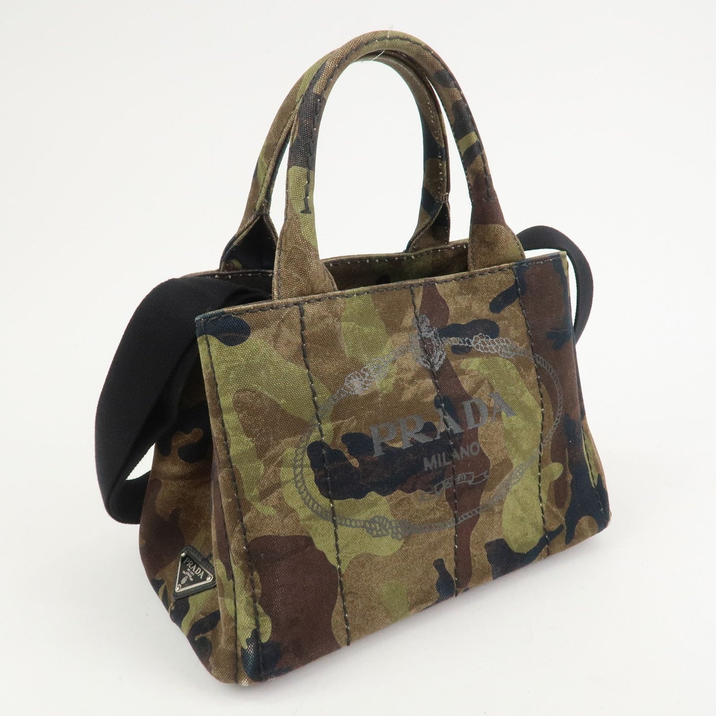 PRADA Logo Canapa Mini Canvas 2Way Bag Hand Bag Brown Green 1BG439
