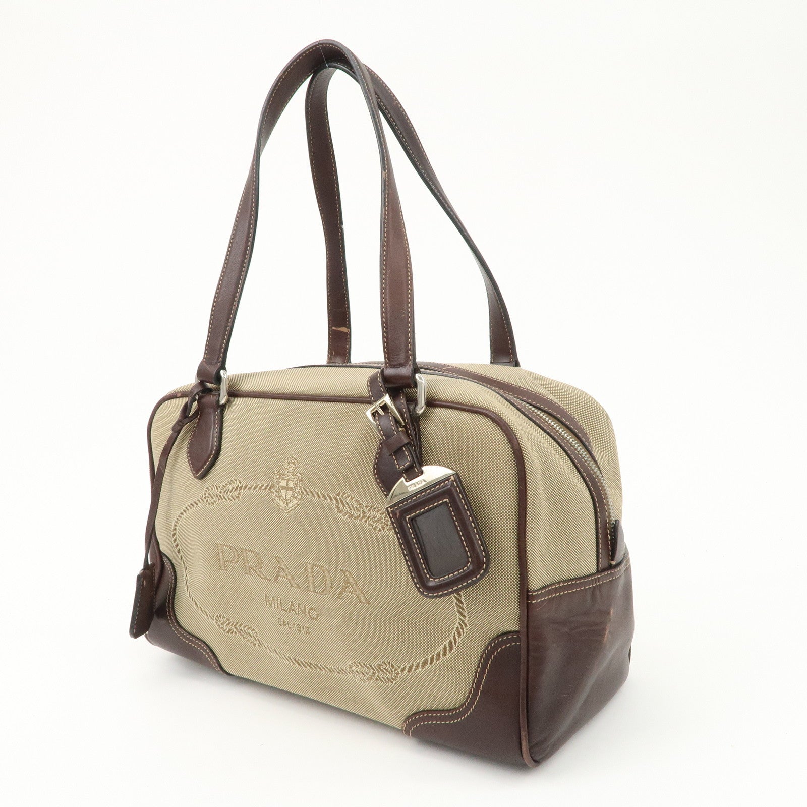 PRADA Logo Jacquard Leather Boston Bag Shoulder Bag Beige BL0260