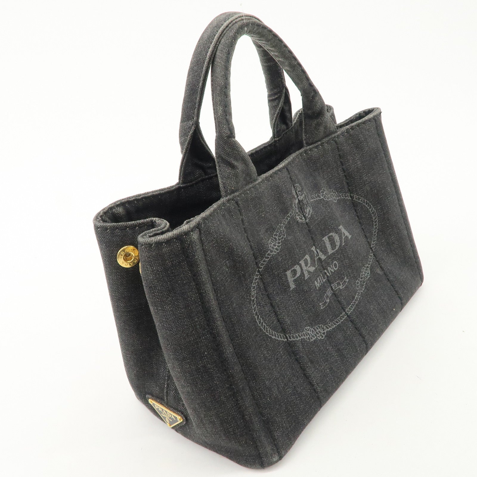 PRADA Logo Canapa Mini Denim 2Way Tote Bag Gray Gold HDW 1BG439