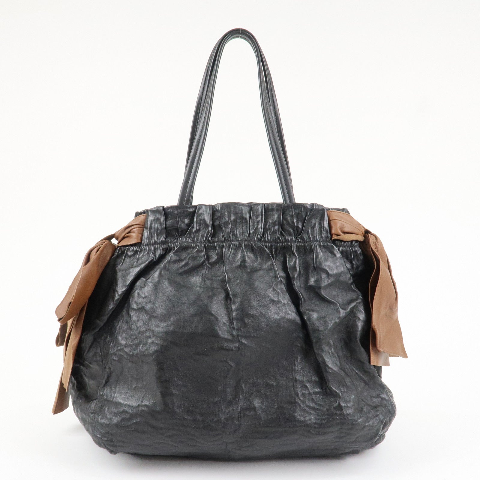 PRADA Leather Ribbon Shoulder Bag Hand Bag Black Brown
