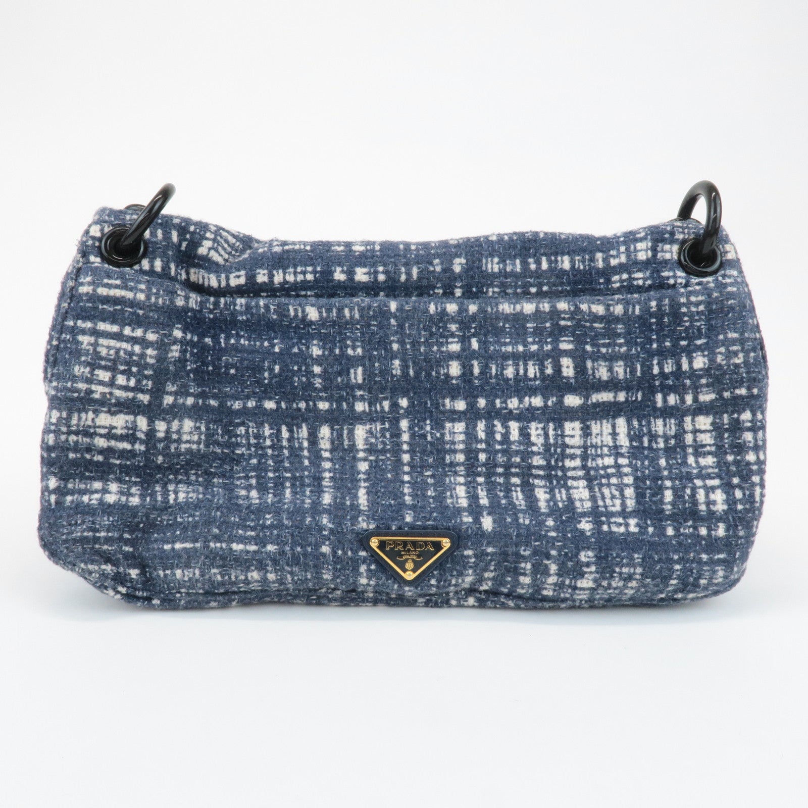 PRADA Tweed Leather Plastic Chain Shoulder Bag Navy White BR4874