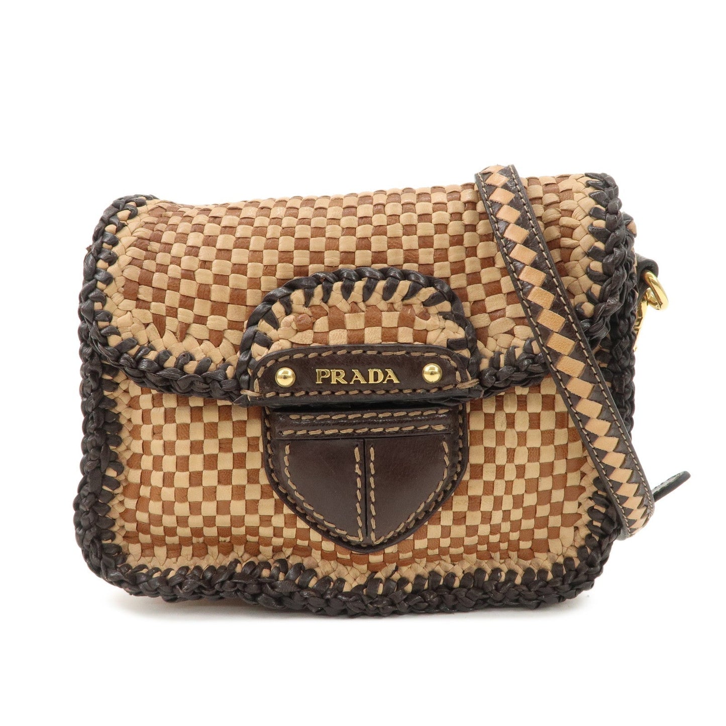 PRADA Madras Leather Shoulder bag Beige Brown BT781V