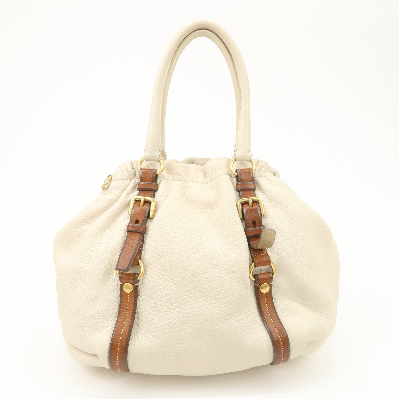 PRADA Leather 2Way Bag Tote Bag Brown White BN1773