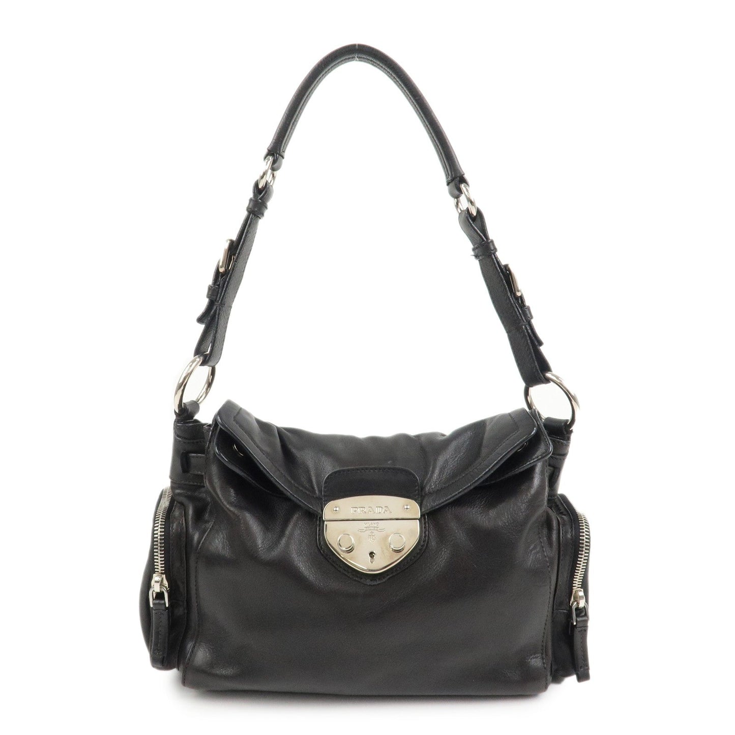 PRADA Triangle Logo Leather Calf Skin Shoulder Bag Black BR3307