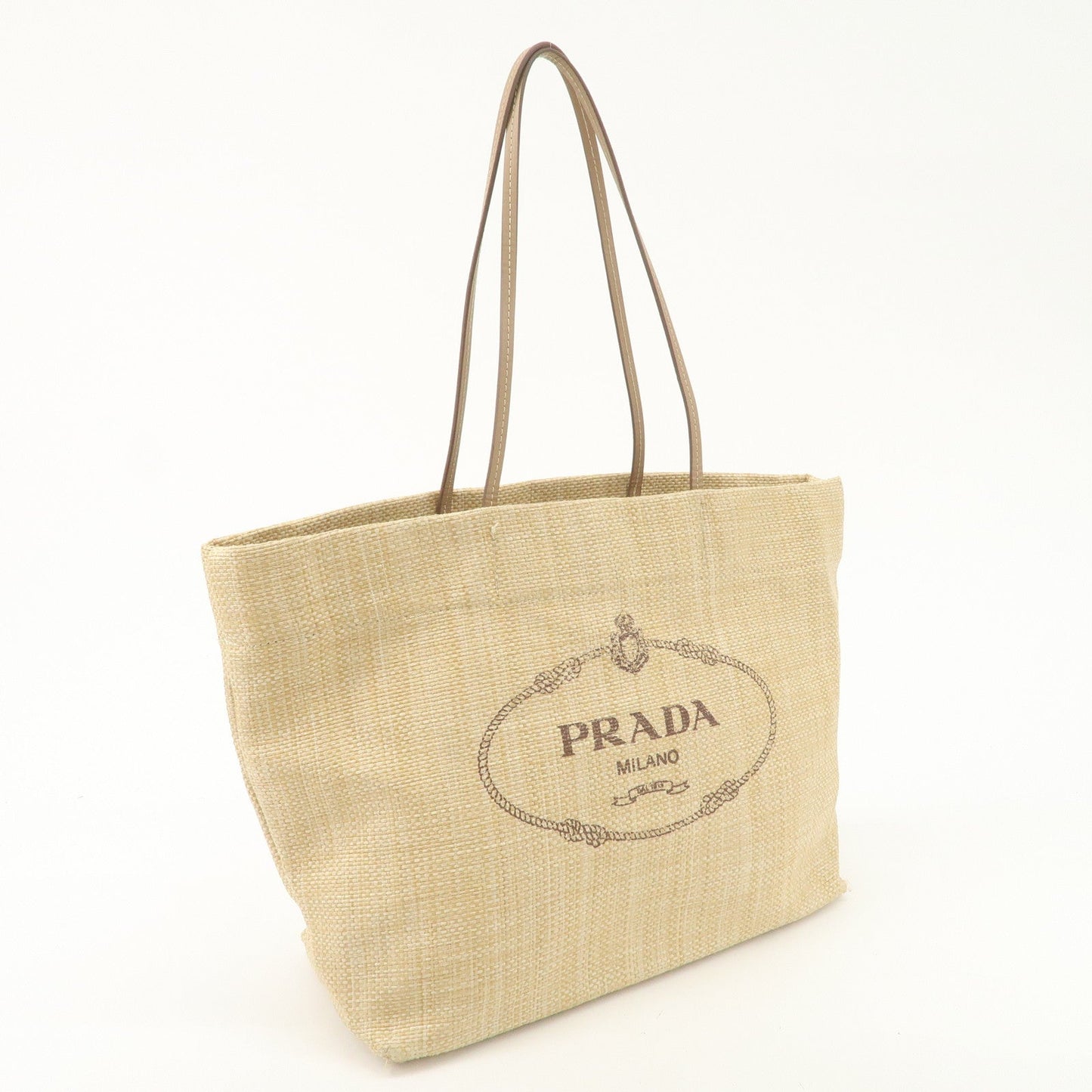 PRADA Leather Raffia Straw Tote Bag Shoulder Bag Beige