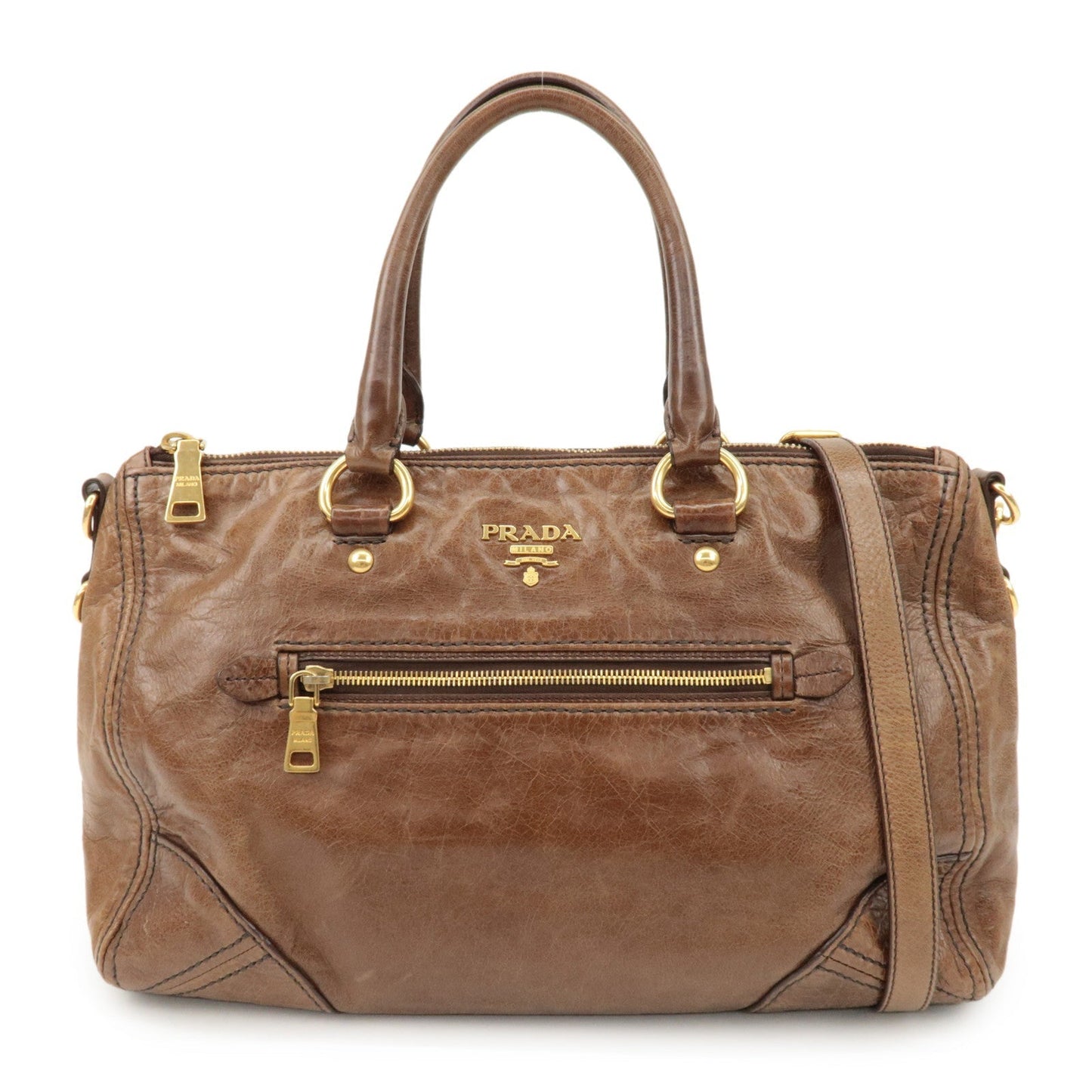 PRADA Logo Leather 2Way Bag Tote Bag Shoulder Bag Brown BL0727