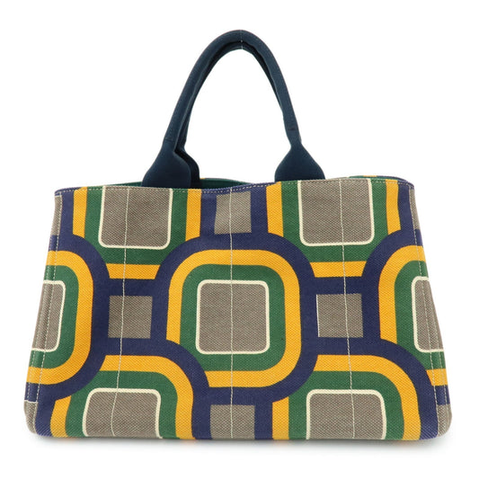 PRADA Canapa Large Tote Bag Hand Bag Green Yellow Navy BN1872