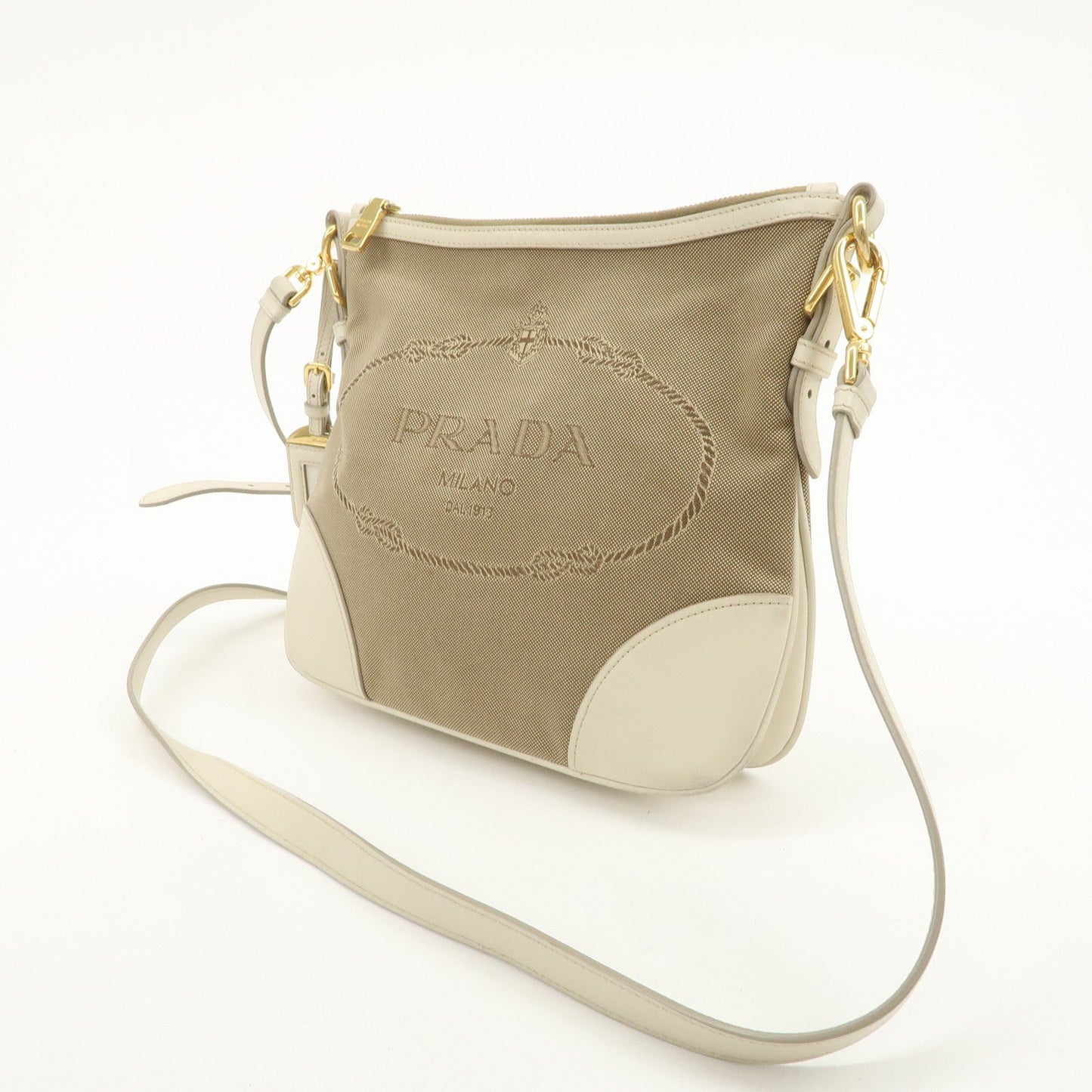 PRADA Logo Jacquard Shoulder Bag Crossbody Bag Beige Ivory BT867A
