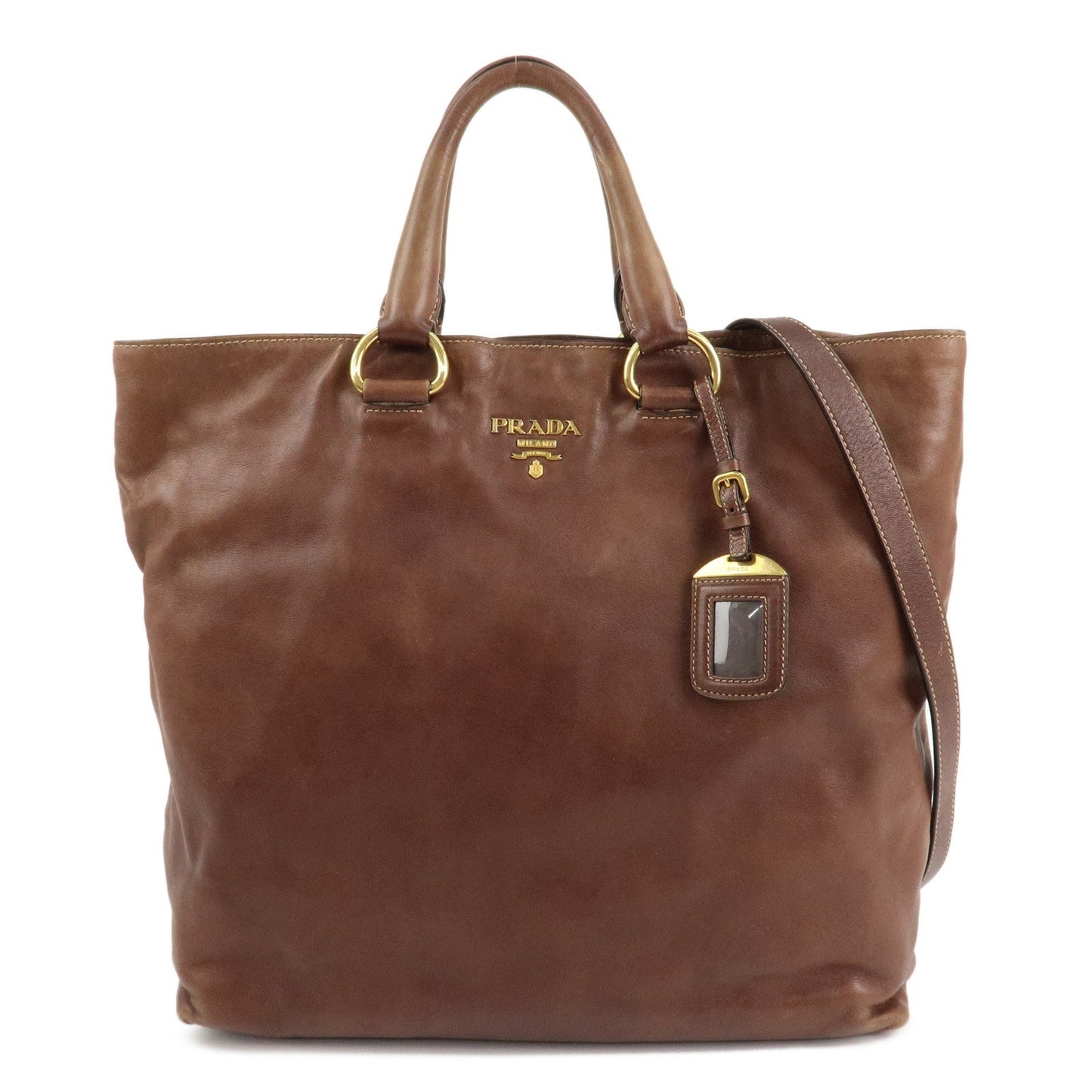 PRADA Logo Leather 2way Shoulder Bag Tote Bag Gold HDW Brown