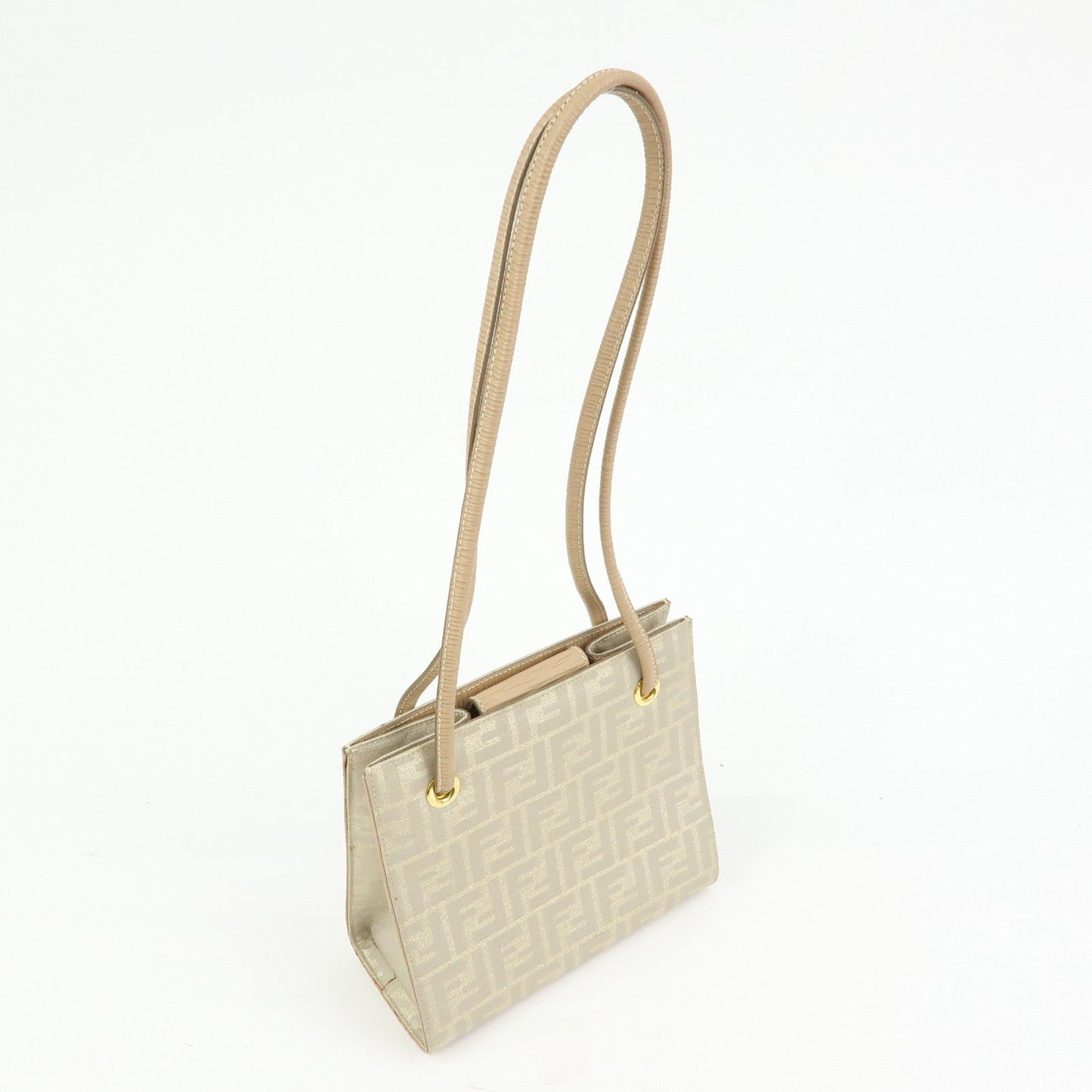 FENDI Zucca Canvas Leather Shoulder Bag Beige