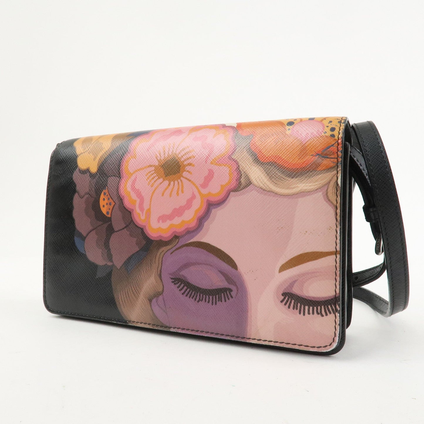 PRADA Flower Print Saffiano Leather Shoulder Bag Hand Bag Black