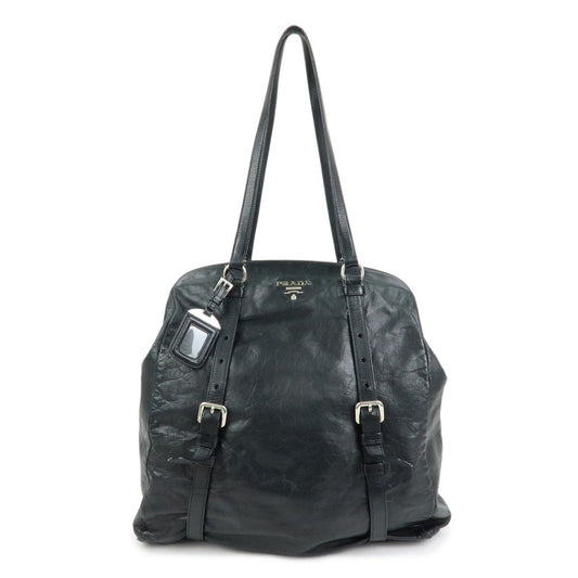 PRADA Logo Leather Shoulder Bag Tote Bag Black Silver
