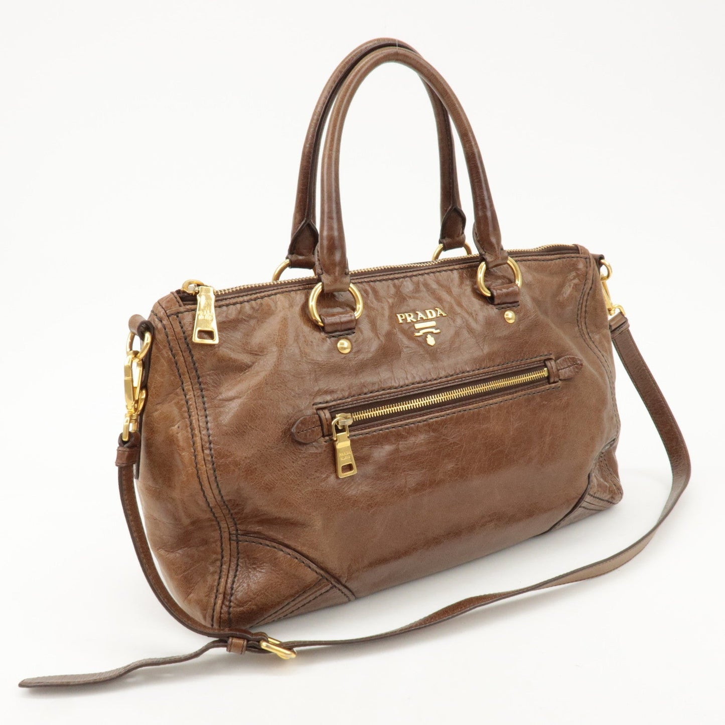 PRADA Logo Leather 2Way Bag Tote Bag Shoulder Bag Brown BL0727