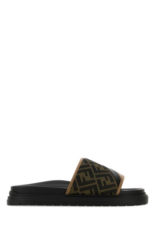 Fendi Man Embroidered Canvas And Leather Fendi Diagonal Slippers