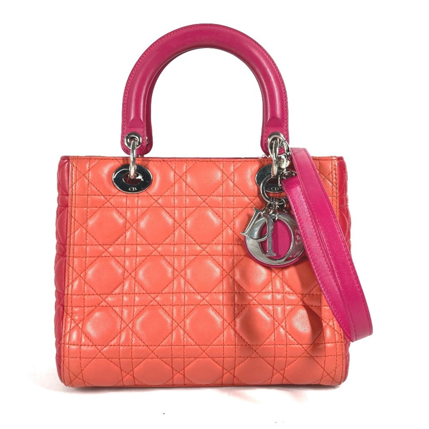 Christian Dior Lady Dior Orange Pink Red Color Leather Handbag Shoulder Bag Tote Bag ()