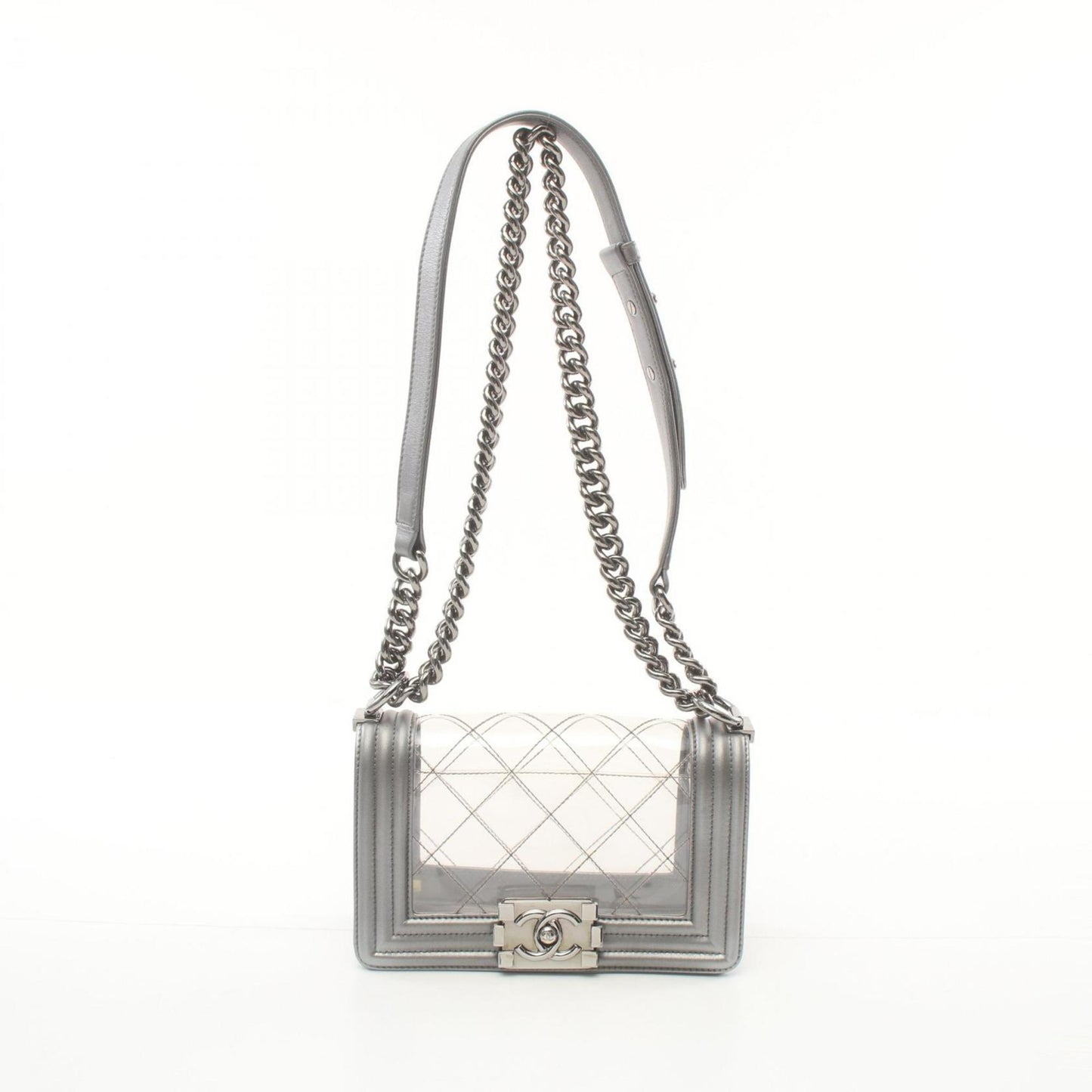 CHANEL Boy Chanel Shoulder Bag Vinyl Lambskin Women's Clear Silver