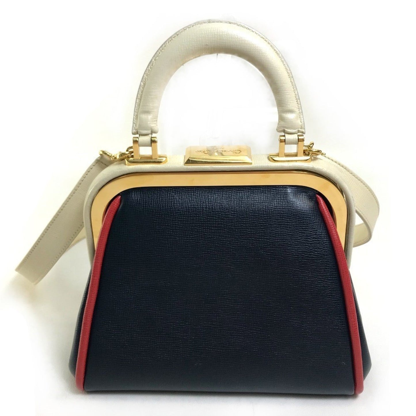 Christian Dior Navy Red Color White Leather Handbag Shoulder Bag ()