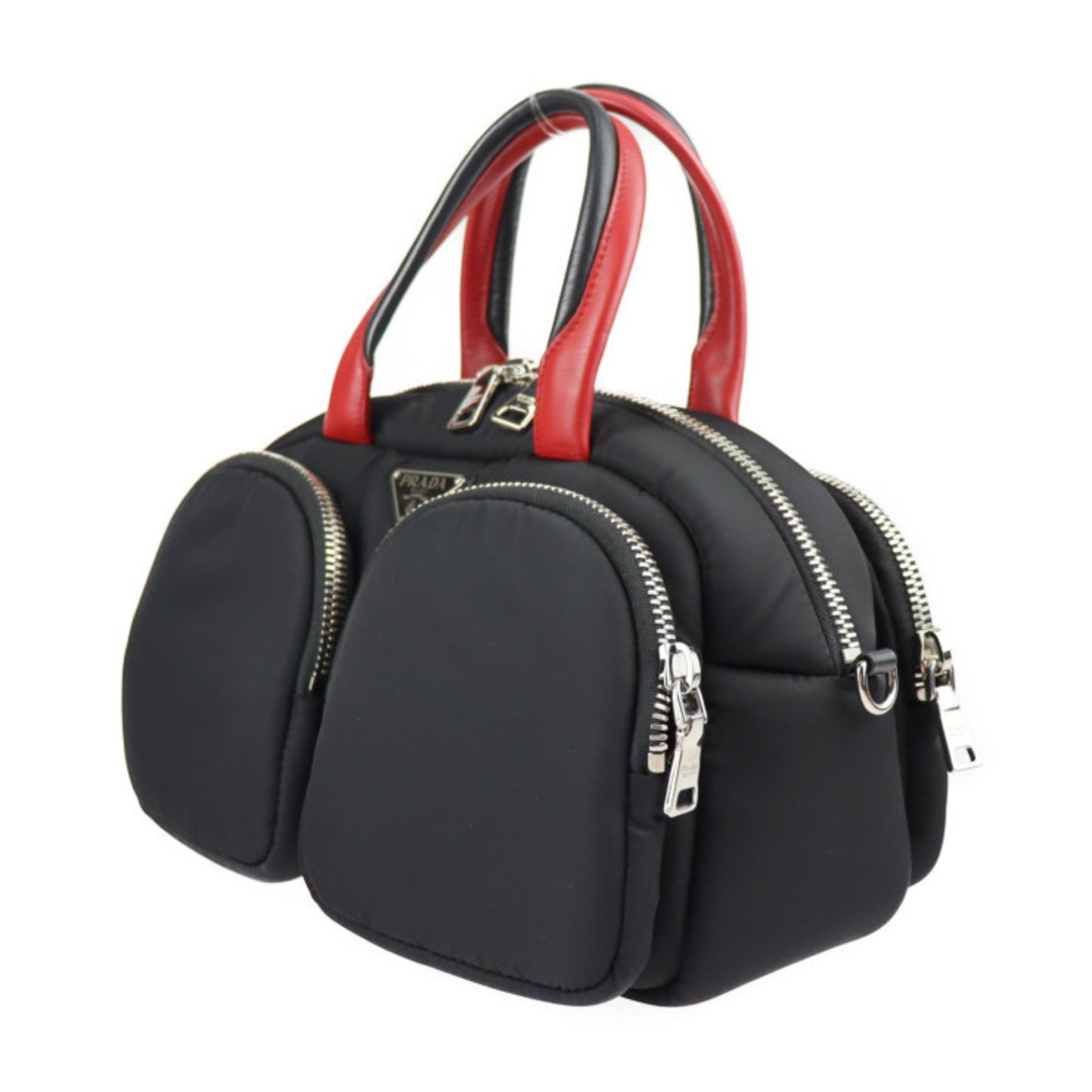 Prada TESSUTO POCKET handBag nylon leather black red silver hardware 2WAY shoulder Bag mini Boston bomber