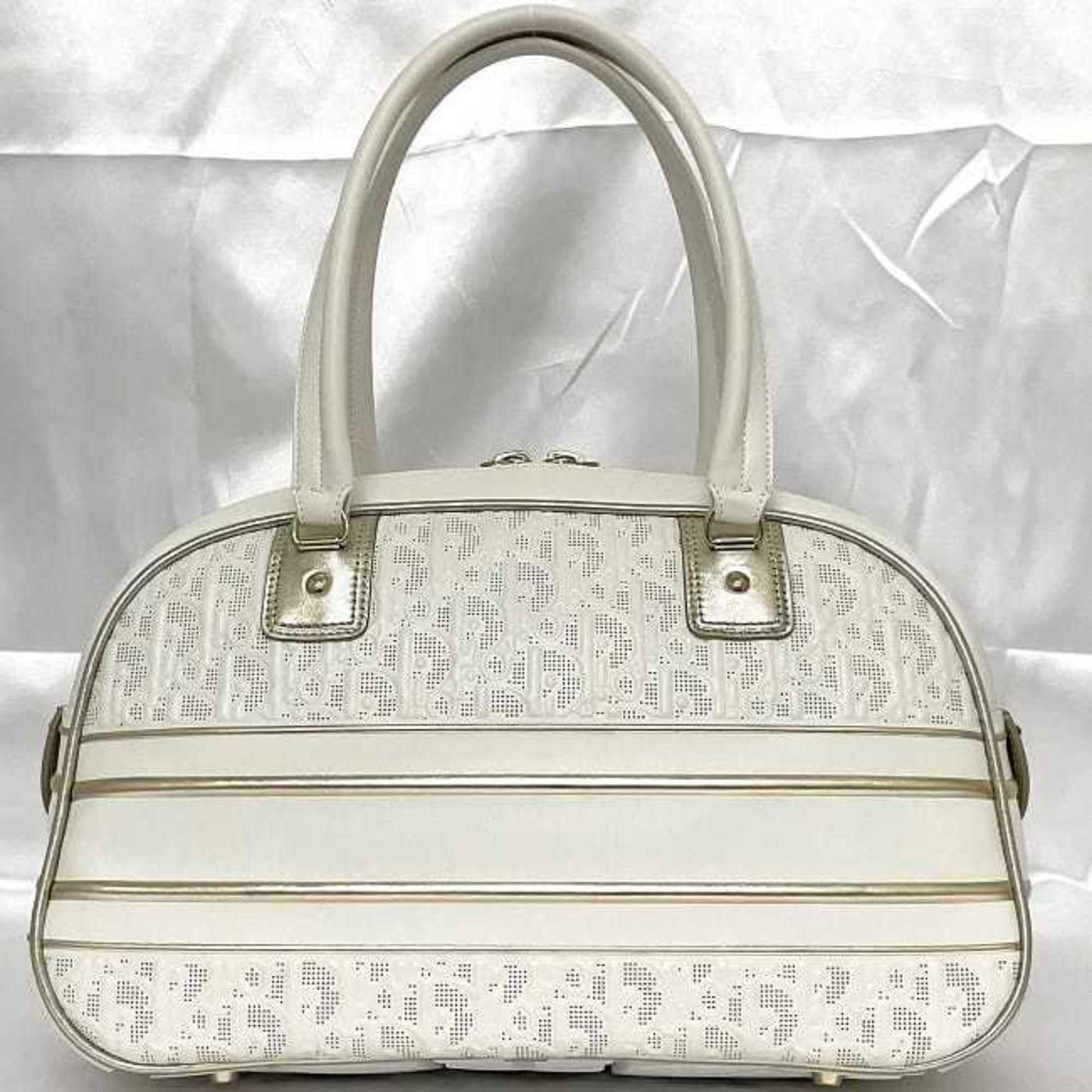 Christian Dior Trotter White Leather Rubber Boston Bag Handbag ()