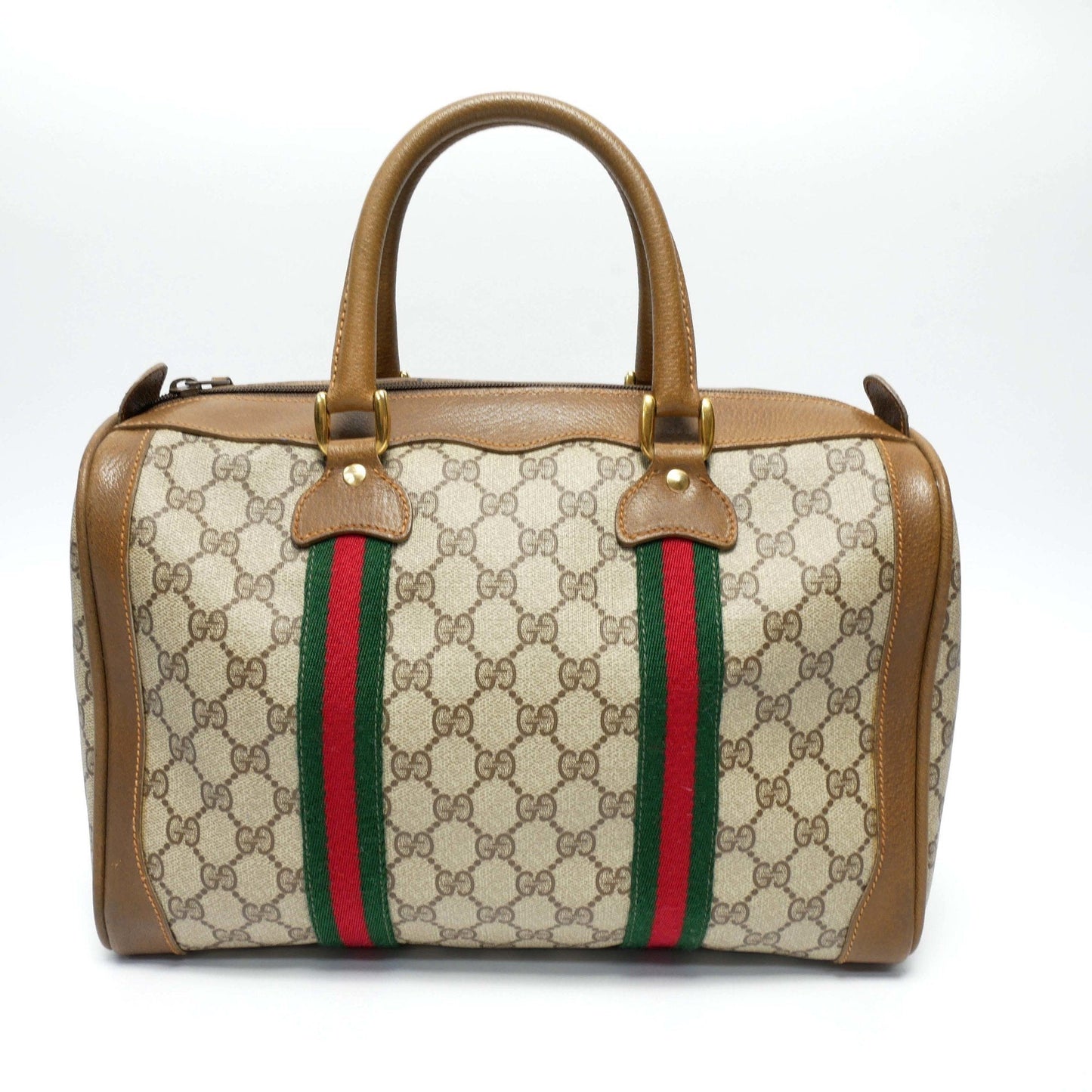 GUCCI Old Gucci Mini Boston Bag Handbag Barrel Unisex 1970's 70'S Sherry Line GG Pattern/Leather Gold Hardware Brown/Beige