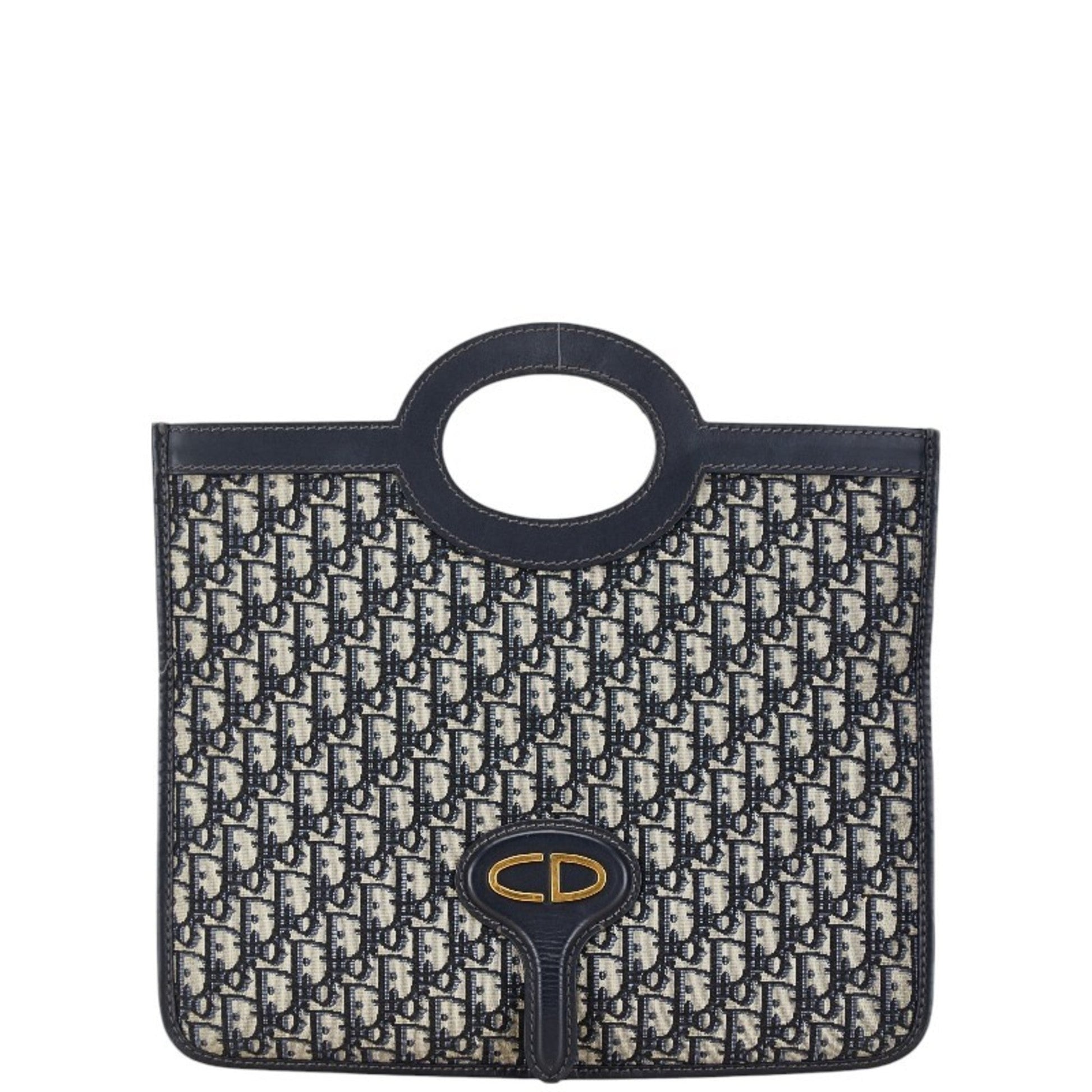 Christian Dior Beige Navy Canvas Leather Handbag ()