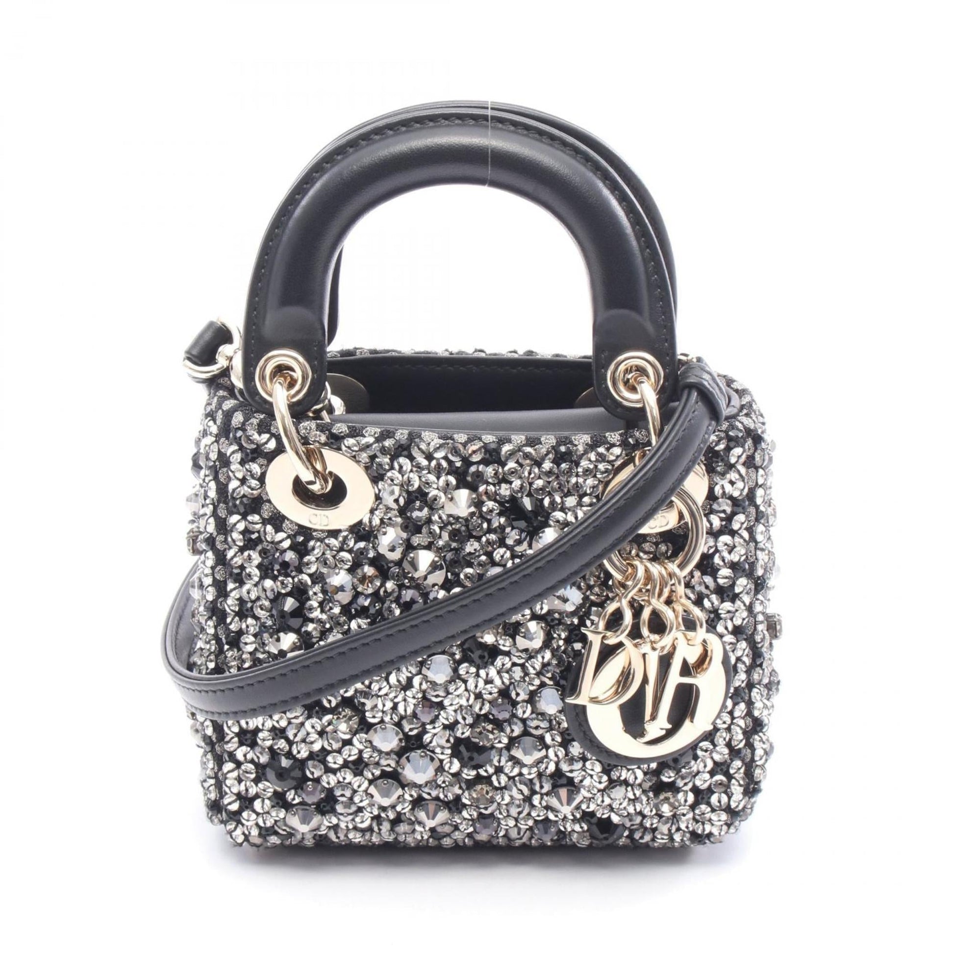 Christian Dior Lady Dior Black Clear Silver Leather Rhinestone Handbag ()