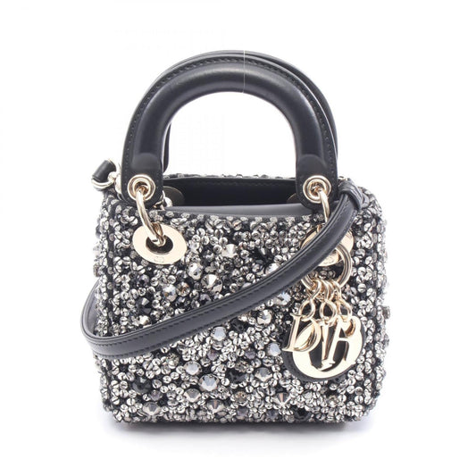Christian Dior Lady Dior Black Clear Silver Leather Rhinestone Handbag ()
