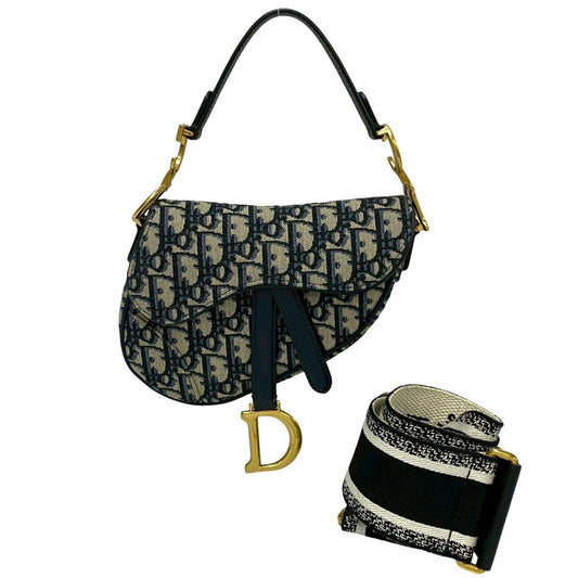 Christian Dior Navy Leather Canvas Saddle Bag Shoulder Bag ()
