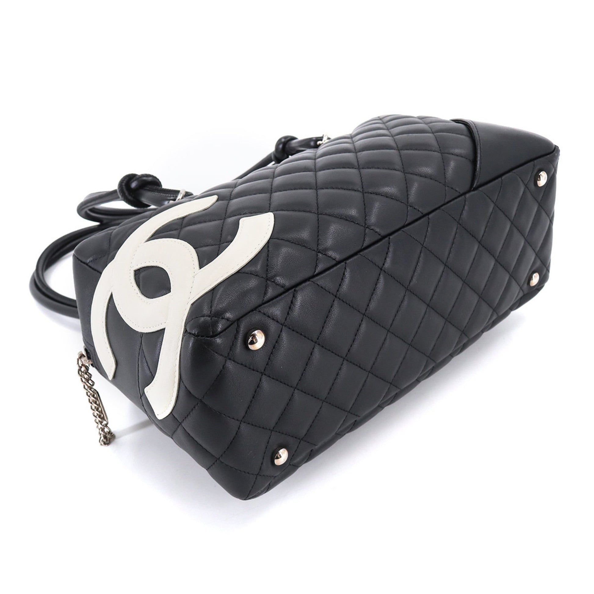 CHANEL Cambon Line Bowling Shoulder Bag Leather Black White A25171