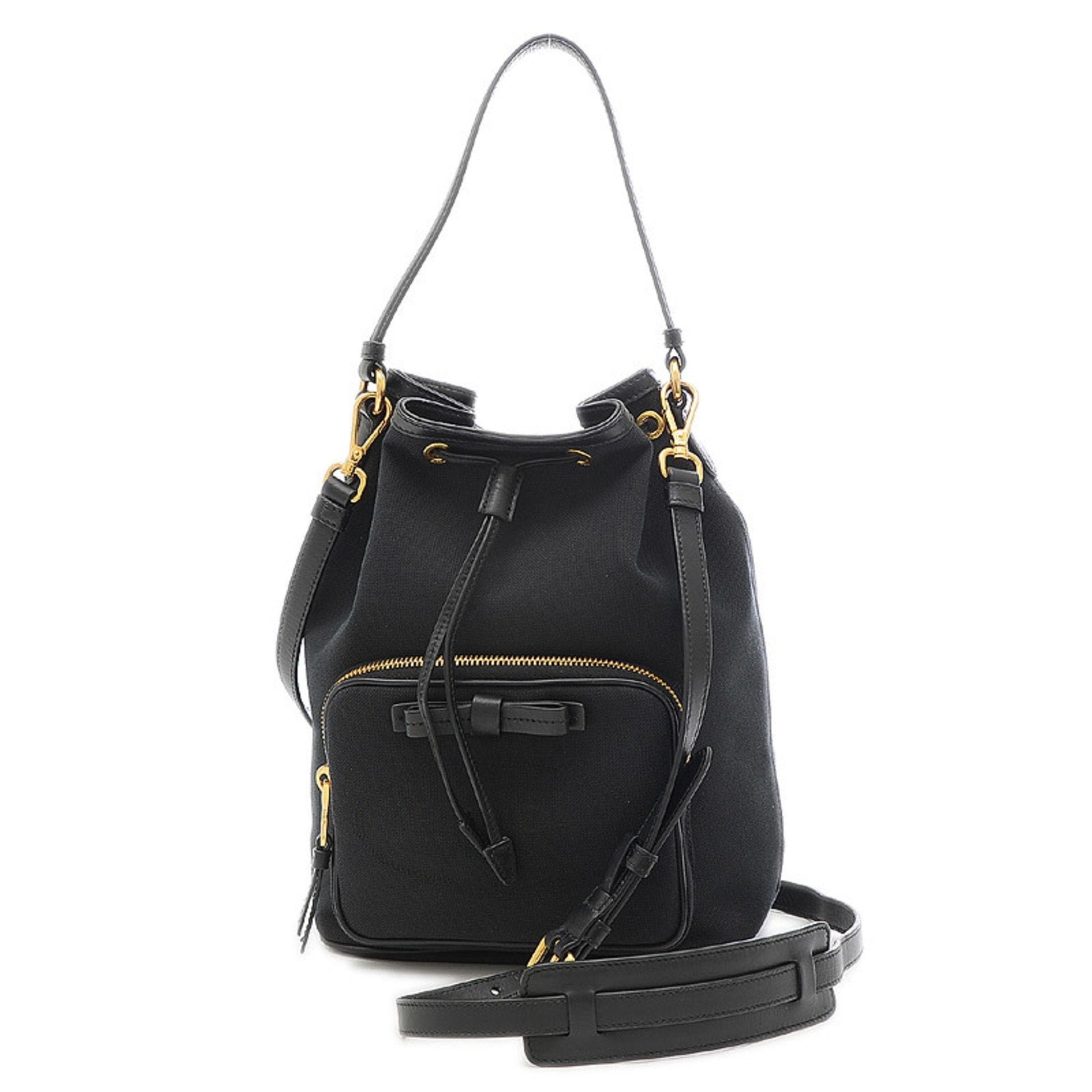 Prada Logo Jacquard Drawstring 2Way Shoulder Ribbon Canvas Black Luxury Handbag