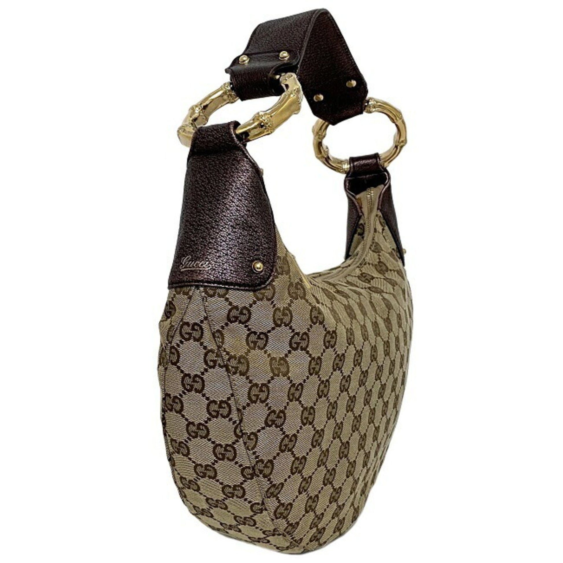Gucci Bamboo Beige Leather Canvas Shoulder Bag