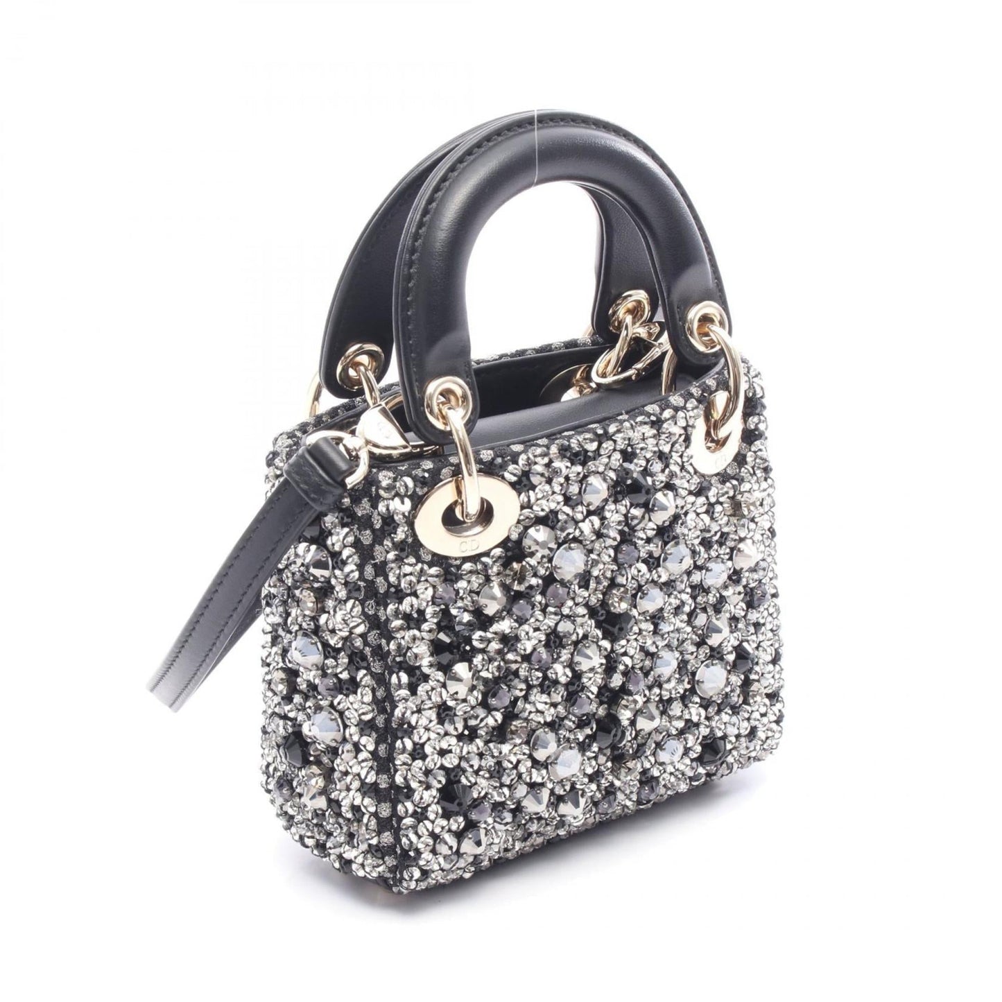 Christian Dior Lady Dior Black Clear Silver Leather Rhinestone Handbag ()