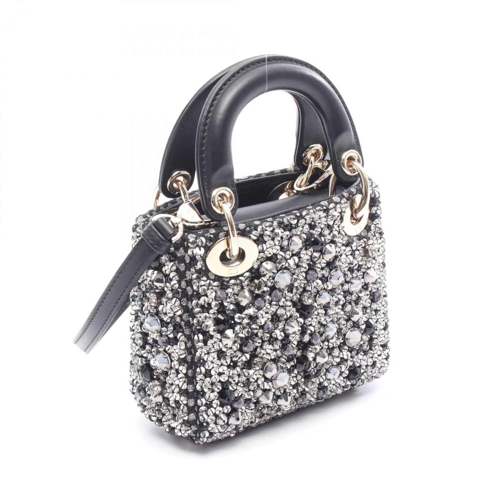 Christian Dior Lady Dior Black Clear Silver Leather Rhinestone Handbag ()